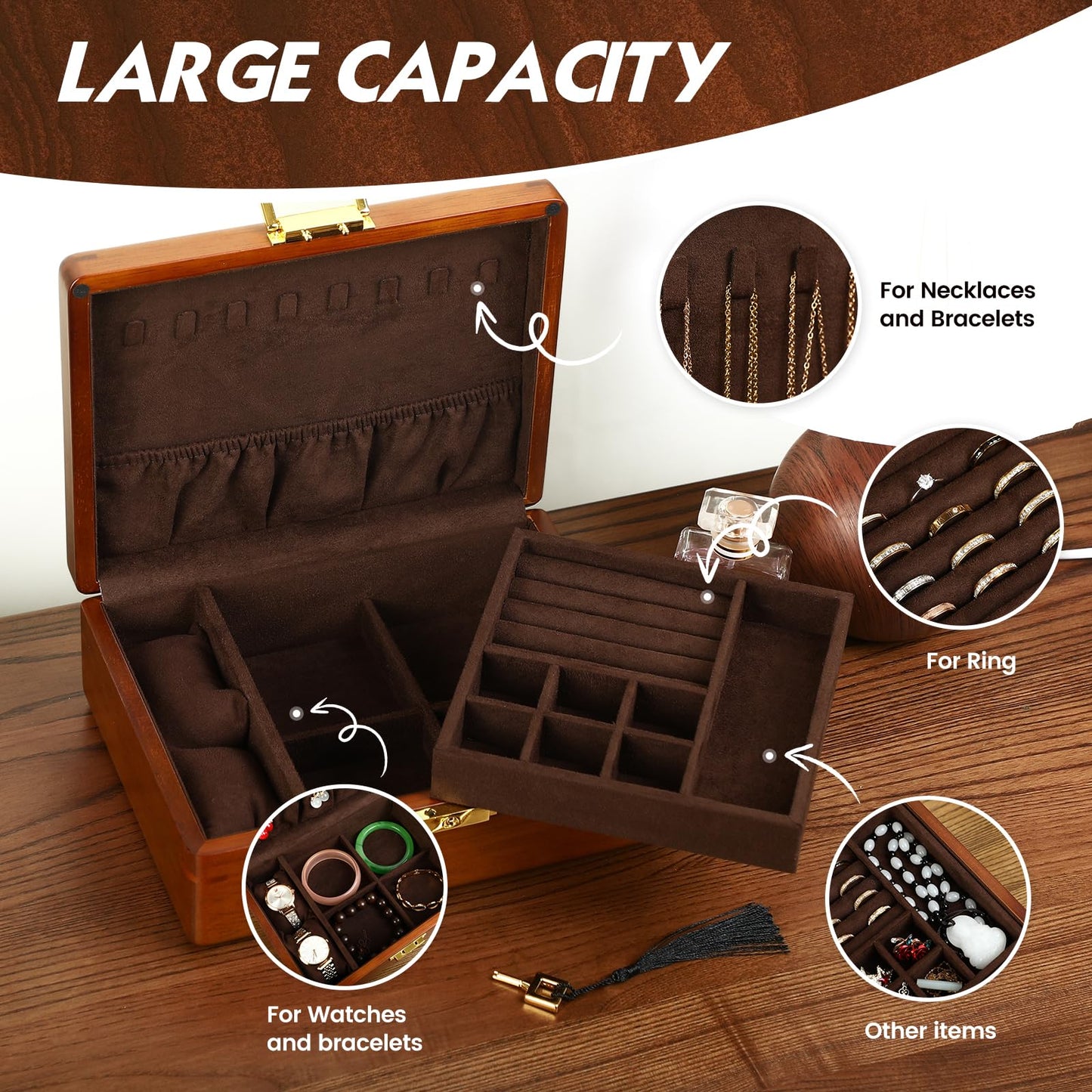 LIBOLXSP Solid Walnut Wood Jewelry Box with Lock,2 Layer Velvet Lined for Earrings Rings Necklaces Bracelets Watches,Both Style and Security, for Men Women,Vintage Brown