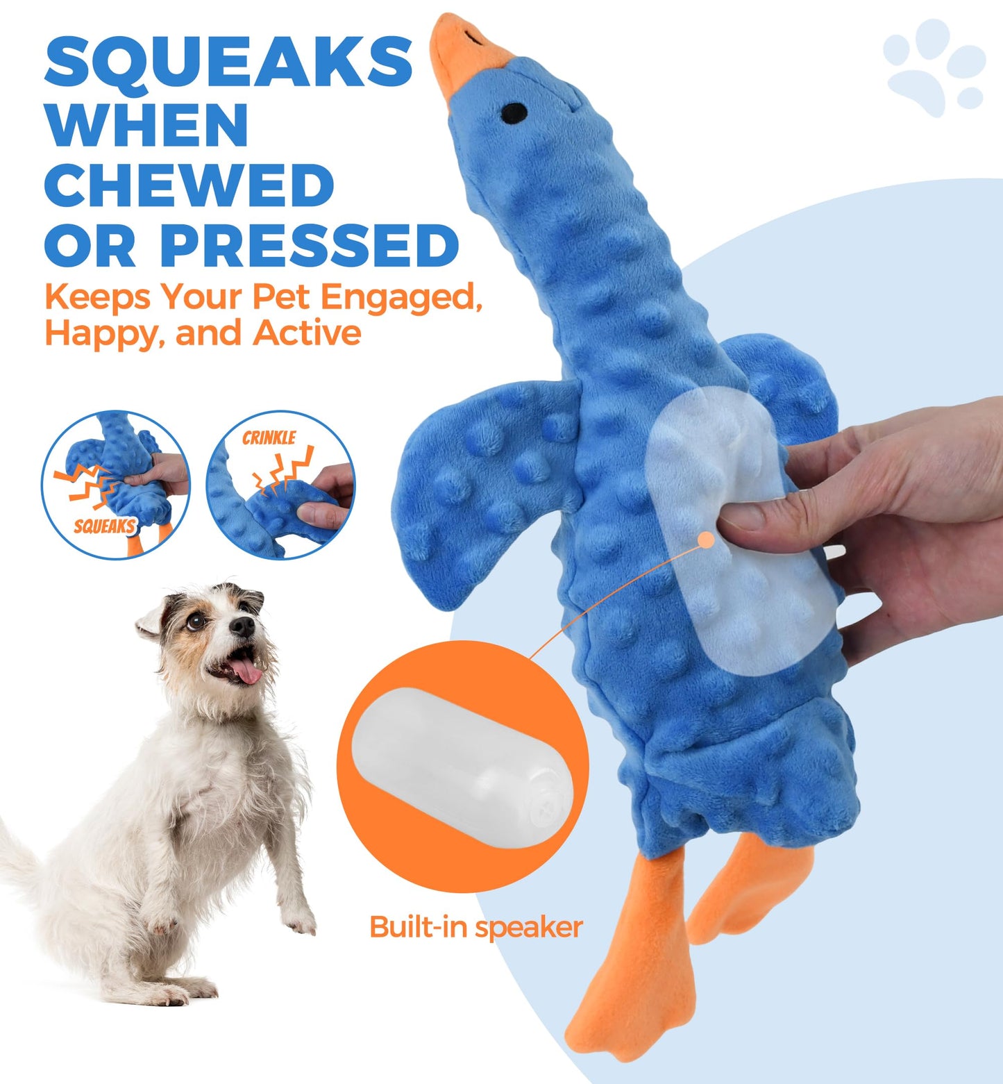 IPTPAS Squeaky Plush Dog Toy for All Breeds, Multifunctional Goose Dog Toy with Honking Sound, Crinkle Paper, Treat Pocket, Durable Soft Stuffed Animal for Chewing, Cuddling, Interactive Play (Blue)