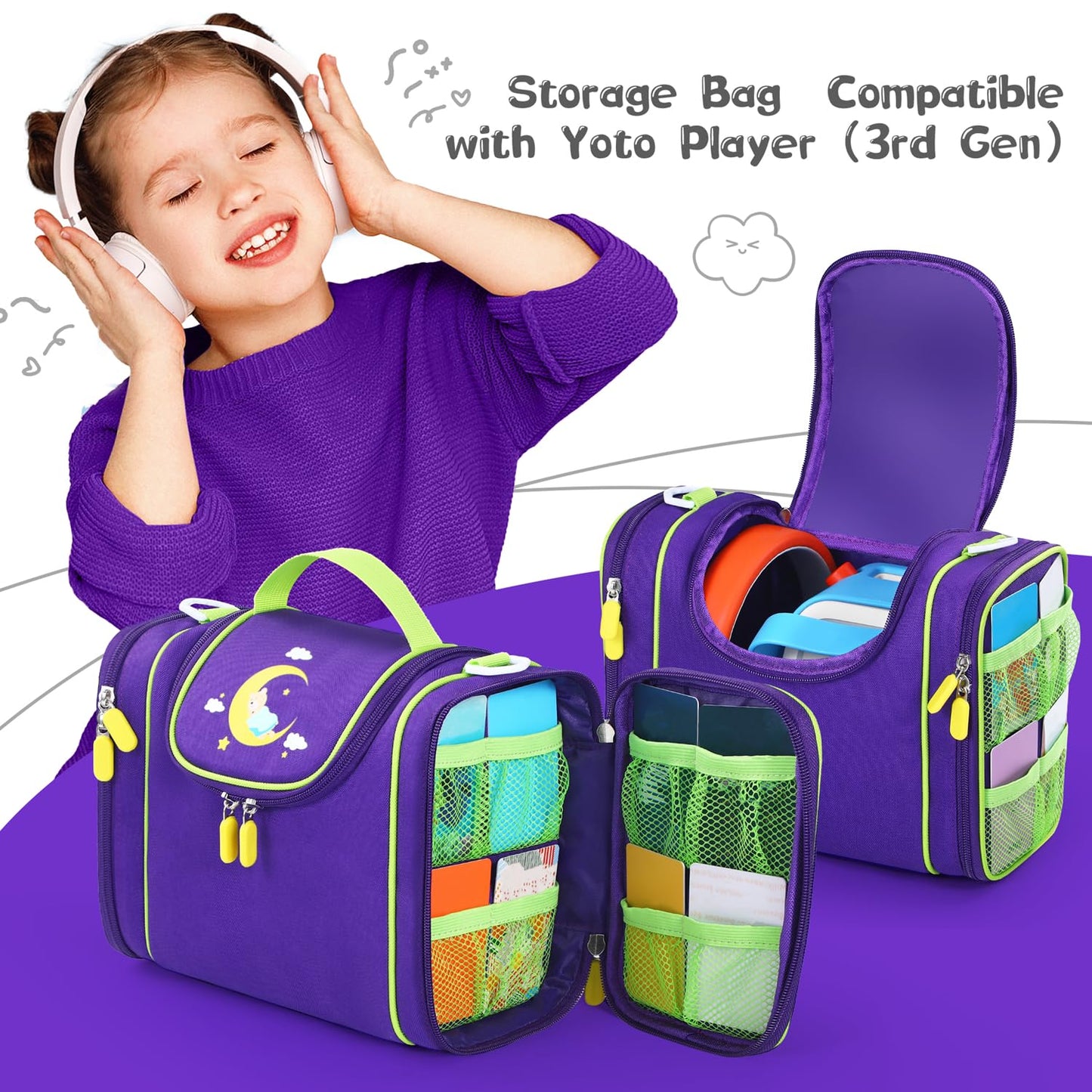 Carrying Case Compatible with Yoto player, Cards Storage Bag with Handle and Shoulder Strap, Travel Storage box for Audio Music Player & Headphone Accessories (Purple)