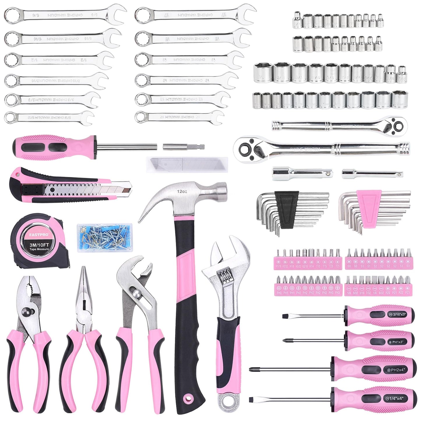 FASTPRO 225-Piece Pink Tool Set, SAE & Metric Mechanics Hand Tool Set with Toolbox, Home/Auto Repairing Tool Kit for DIY, Home Maintenance and Car Repairing