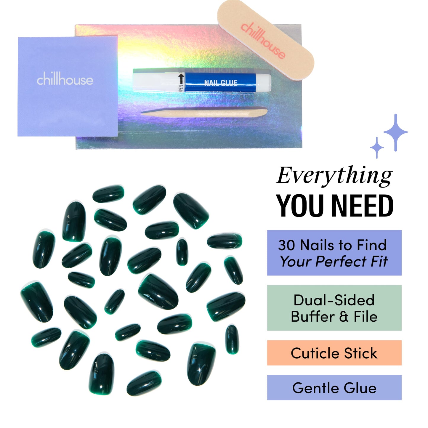 Chillhouse Chill Tips Signatures Press On Nails Kit, Through The Trees - 30 Nail Shapes & Sizes, Dual-Sided Buffer & File, Cuticle Stick & Glue - Long-Lasting Nail Art Manicures