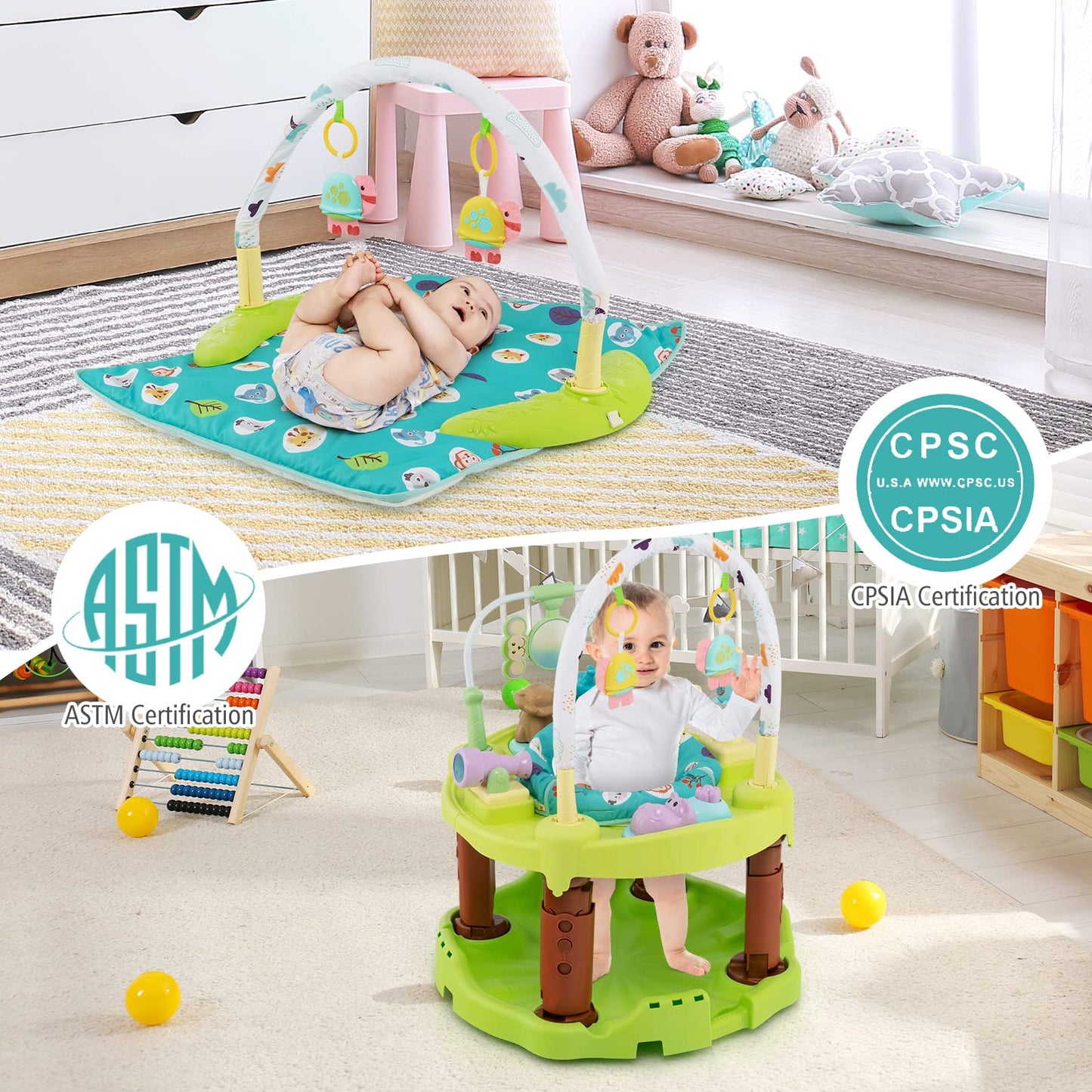 BABY JOY Baby Bouncer Activity Center, 3 in 1 Activity Center & Table | Infant Play Mat, Bouncing Activity Saucer w/Music, 3 Adjustable Height, 360° Seat for Babies 0-24 Months (Green)