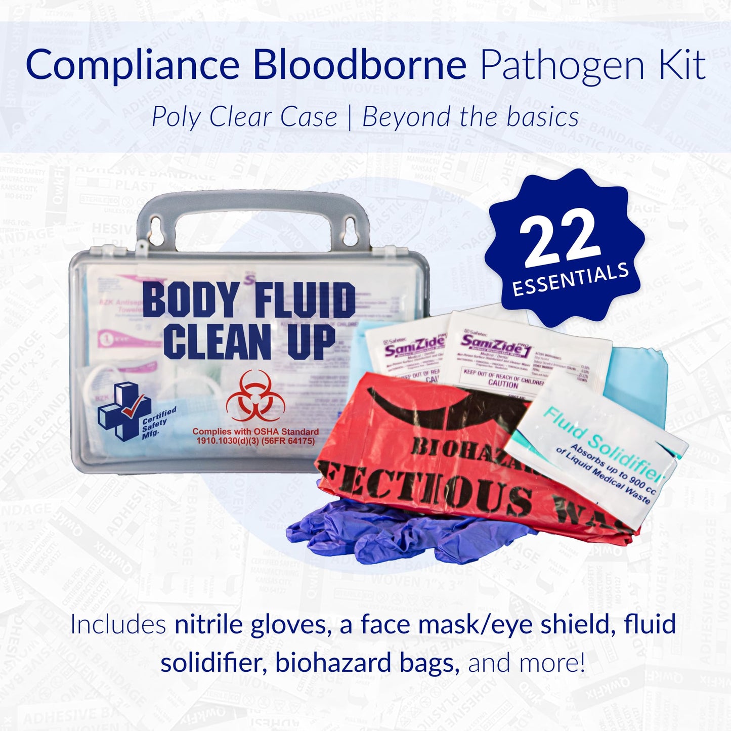 Certified Safety Mfg Bloodborne Pathogen Kit OSHA Certified - 22pc USA-Made Bodily Fluid and Vomit Clean Up Kit with a Fluid Solidifier, PPE Equipment, and More - Biohazard Cleanup Supplies and Tools