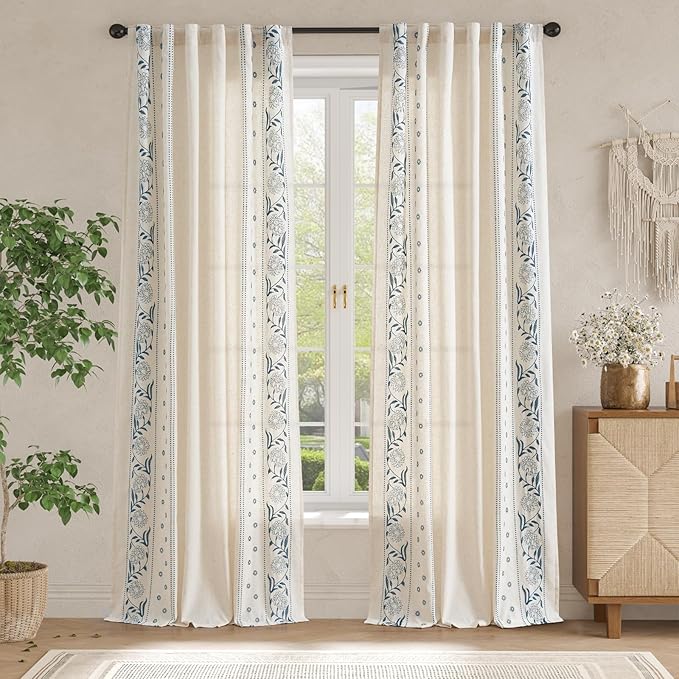 jinchan Winslow 96 Inch Curtains 4 Panel Set Embroidered Bordered Floral Curtains for Living Room Farmhouse Decor Light Filtering Window Treatments Blue on Beige Drapes 4 Panels