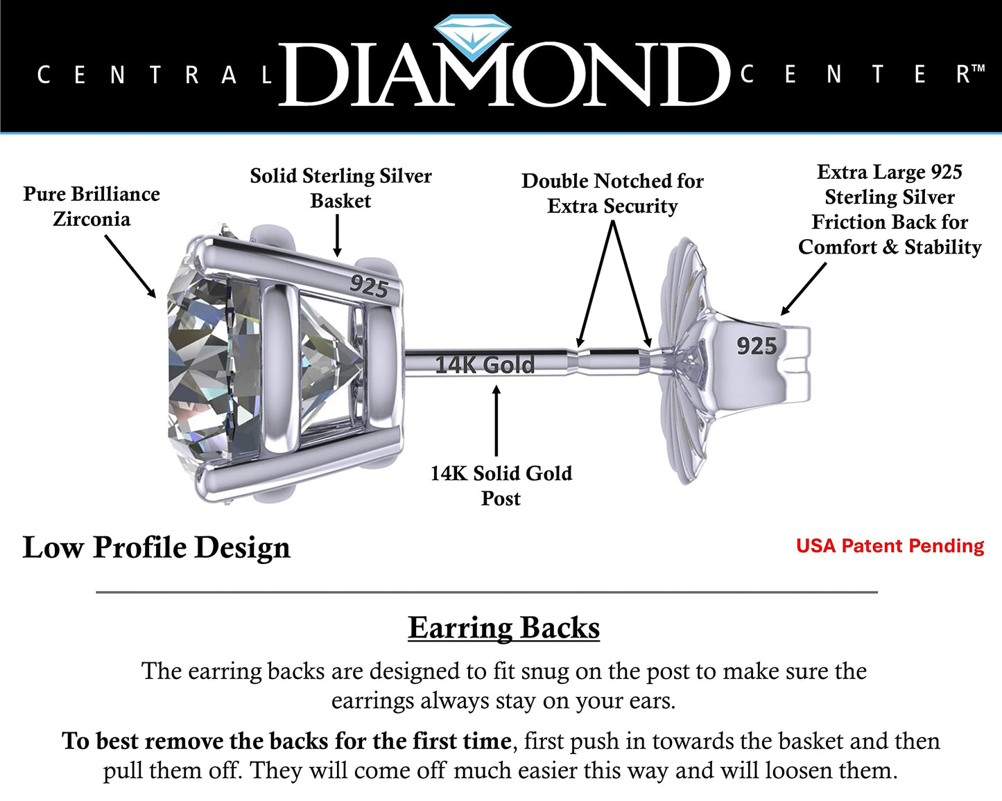 Central Diamond Center 14K Solid Gold Post & Sterling Silver 4 Prong CZ Stud Earrings - Platinum Plated - 10.0mm - 8.00cttw