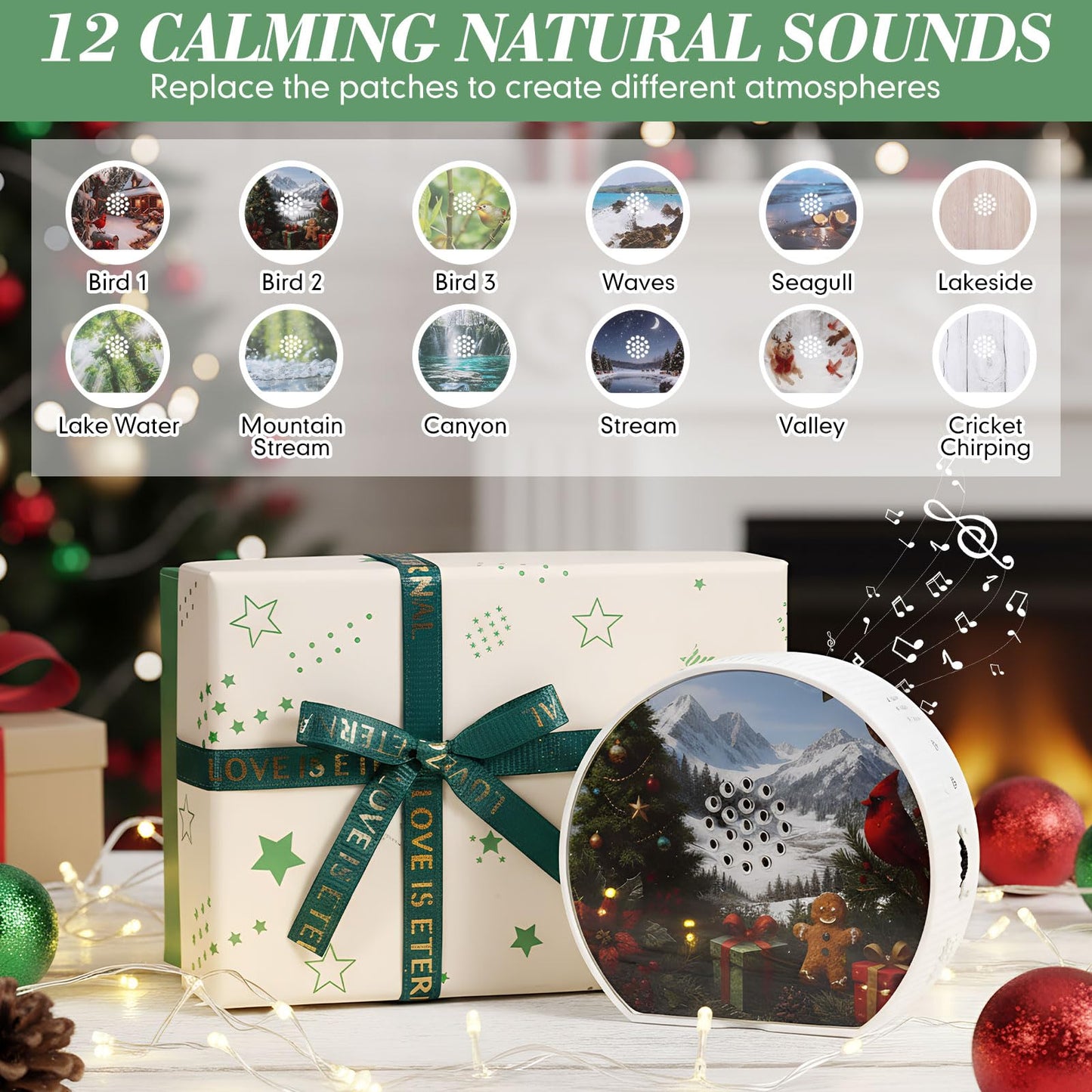 Hollowfly Singing Bird Box White Noise Sound Machine LED Light Radar Sensor Relaxation Device with 12 Natural Sounds Scenery Card Timer Bird Lover Gift for Sleeping Winter Holiday Staff Teacher Office