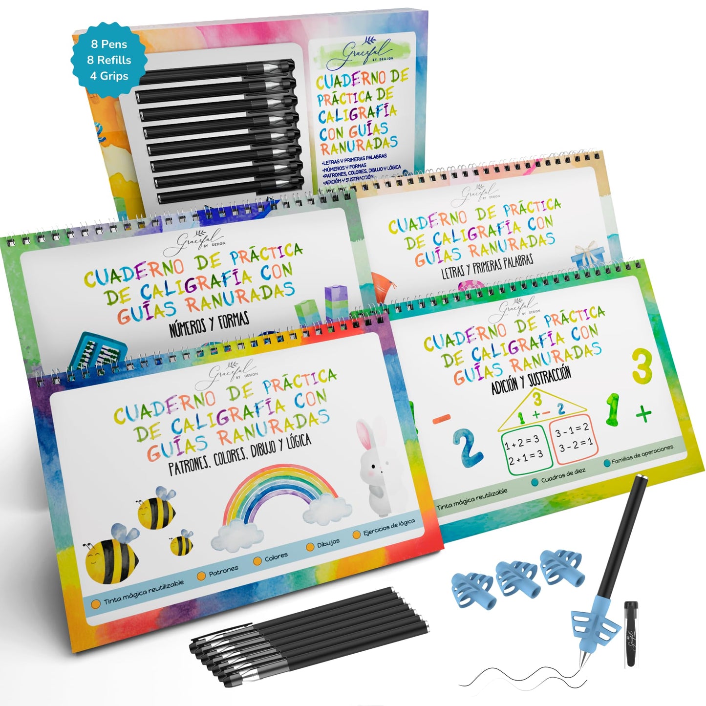 Grooved Handwriting Practice Books for Kids 3-7 in Spanish | Reusable Letter Tracing with Mess-Free Disappearing Ink | Teacher-Designed | Magic Grooved Writing Practice Books | Full Set