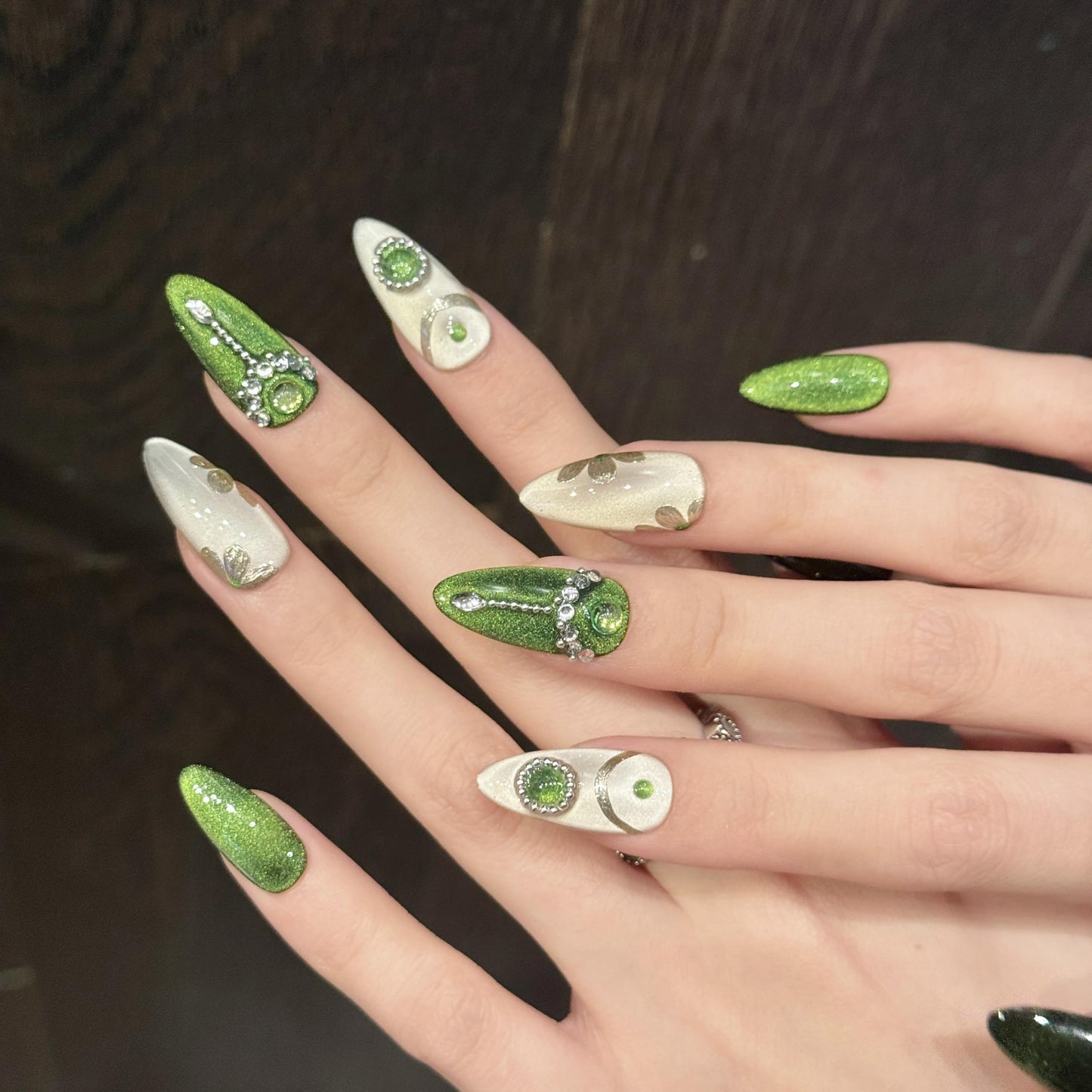 NLSJMP 3D handmade Gel nails press on false nails Almond hand-painted gentle green elegant acrylic Reusable fake nails designed kit,10 Nails Size S #1318