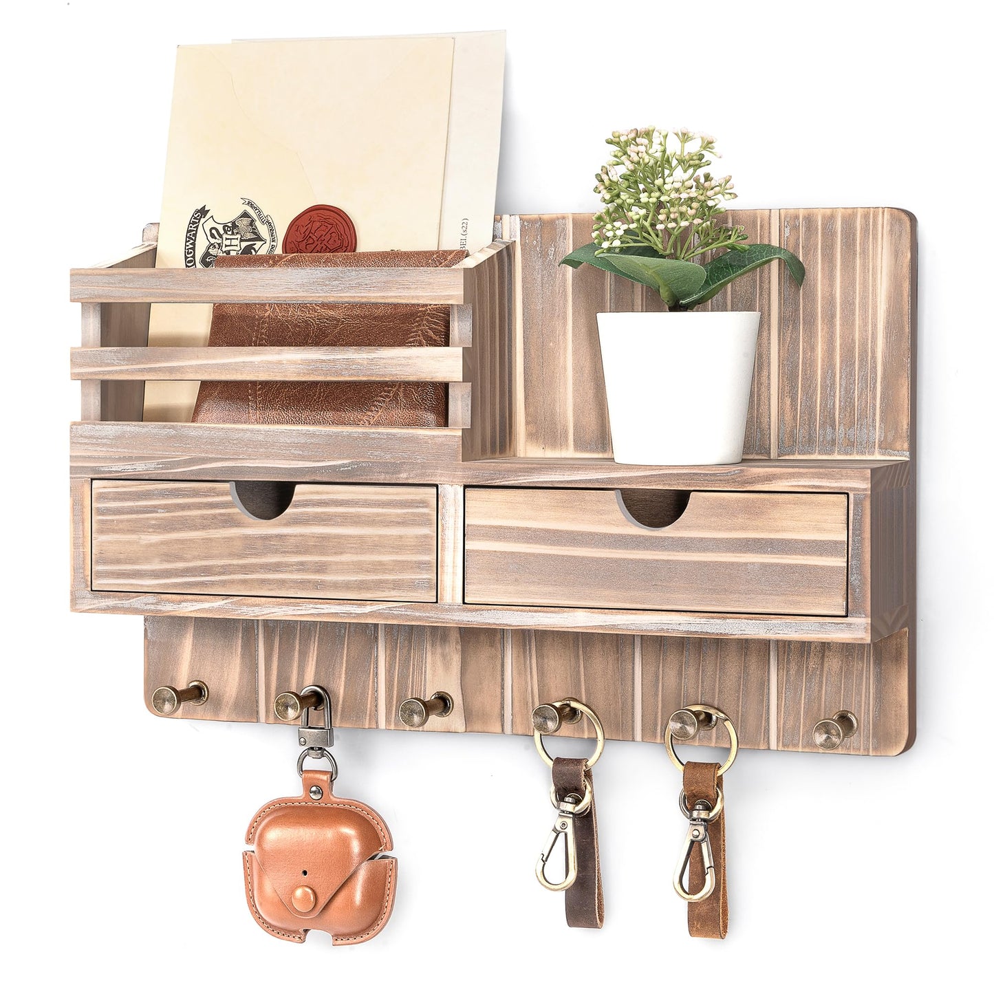 Rebee Vision Farmhouse Key Holder Wall Mount with 2 Drawer Organizer – Key and Mail Holder for Wall with 6 Key Hooks & Shelf – Home Essentials for Home Decor (Natural Wood)