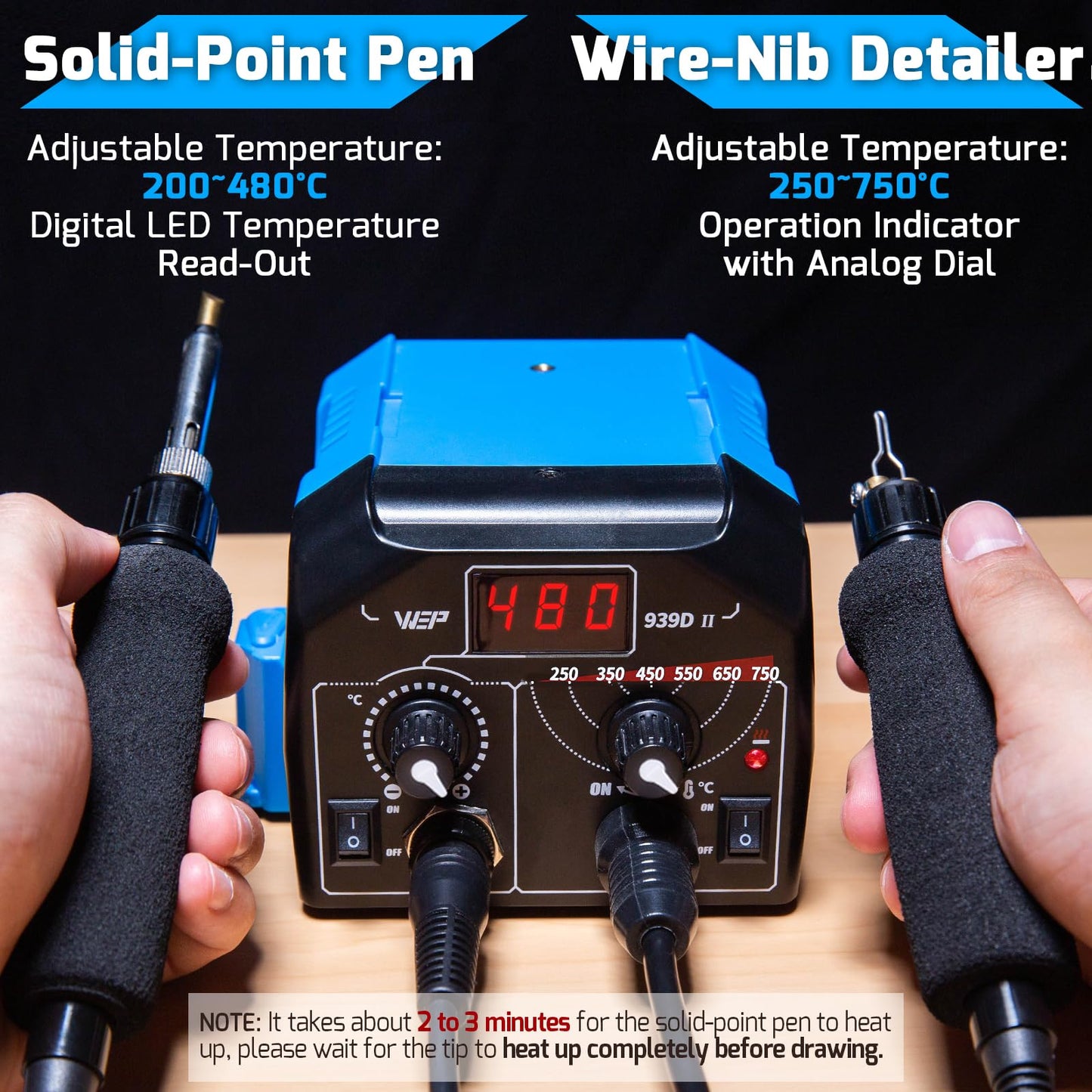 WEP 939D-II 2-IN-1 Wood Burning Kit 86-IN-1 with 51 Solid Points and 20 Wire Nibs Wood Burner with 2 Letter Number Stencils, 2 Unfinished Wood, 1 Pen Holder, Burning Tool