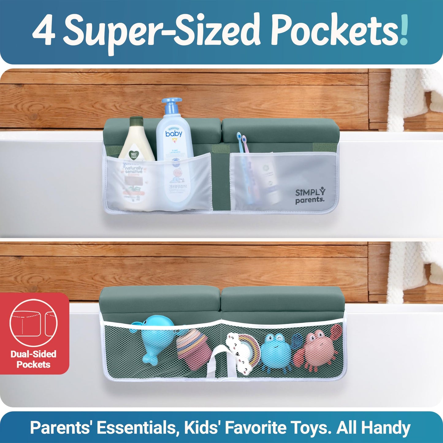 Baby Bath Kneeler and Elbow Rest Pad Set - Quick-Dry, Non-Slip Kneeling Pad for Bathing Toddler, Toy Organizer Pockets, Gift Box, Accessories for Tub, Green