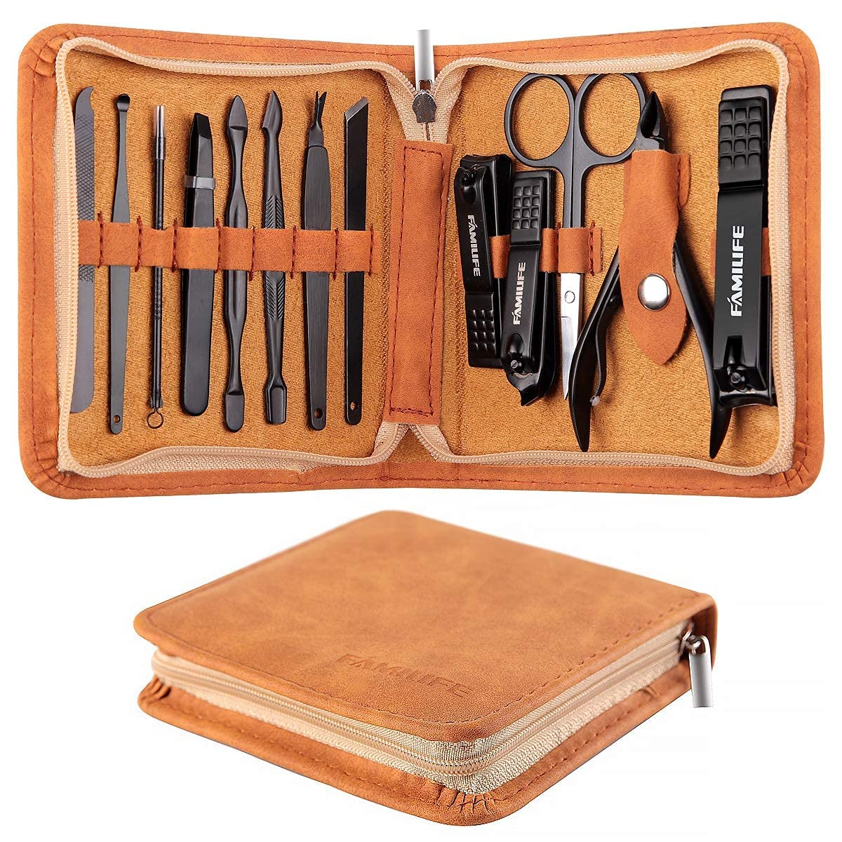 FAMILIFE 13pcs Stainless Steel Manicure Set And L07 100% Stainless Steel Ingrown Toenail File and Lifter Double Sided with Storage Case