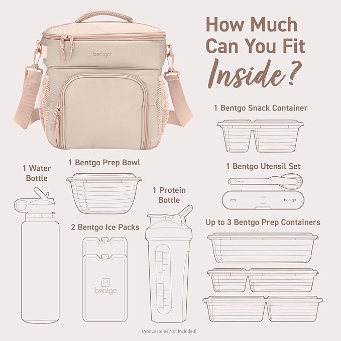 Bentgo Prep Deluxe Insulated Multimeal Bag - Lunch Box Bag, Holds 5 Meals, Premium Insulation up to 8 Hrs, Durable, Water-Resistant - Large Capacity For Adult Meal Prep (Sand)