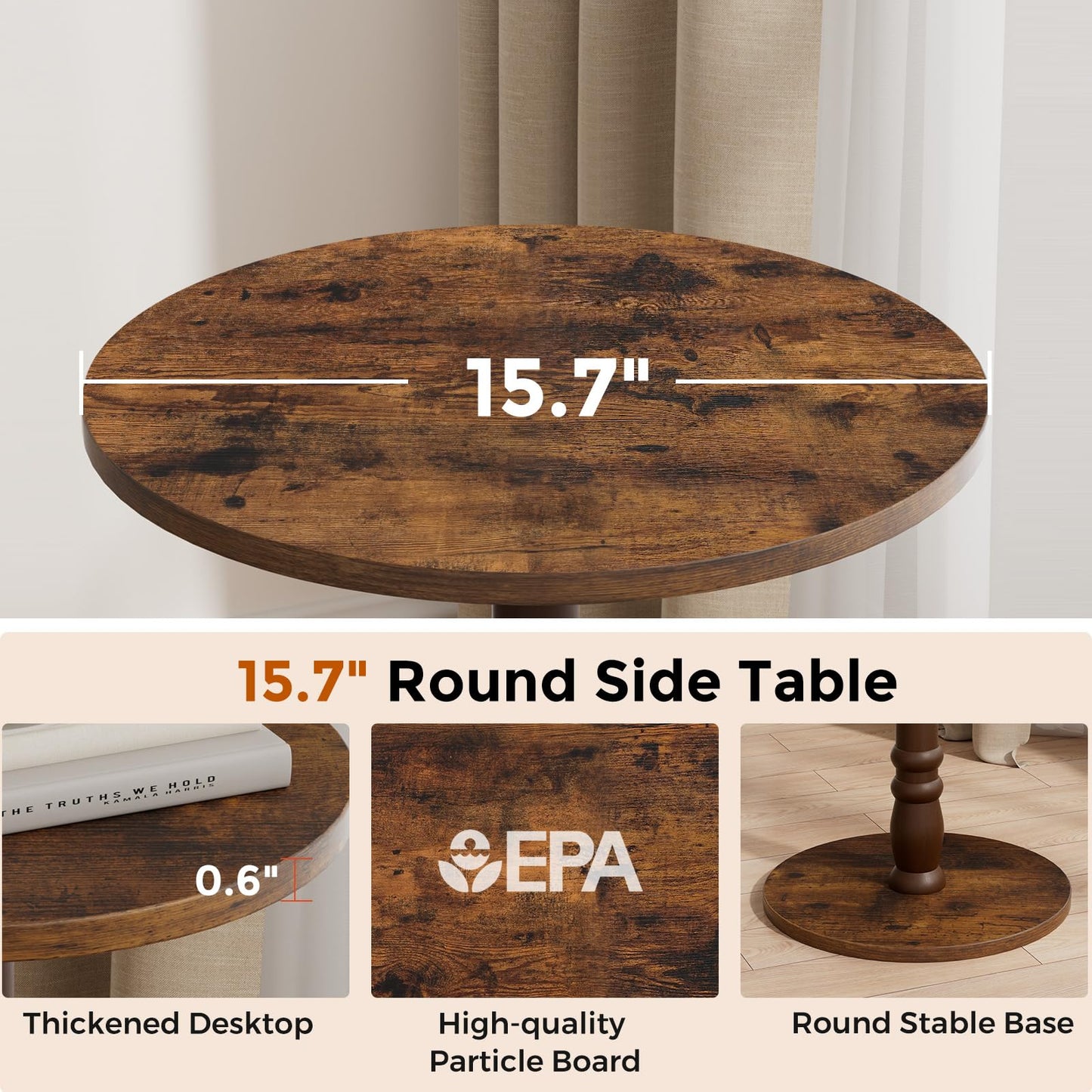 Homleke 16" Round Side Tables, Solid Wood Pillar with Wood Top & Base, Small Drink Accent Table for Living Room, Bedroom, Sofa & Office, Easy Assembly, Rustic Brown