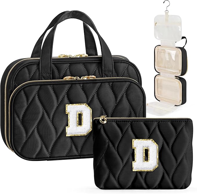 YOOLIFE Travel Toiletry Bag for Women - Hanging Toiletry Bag, Personalized Initial Toiletry Bags for Traveling Women, Portable Travel Toiletry Bag for Toiletries, Cosmetics Black - D