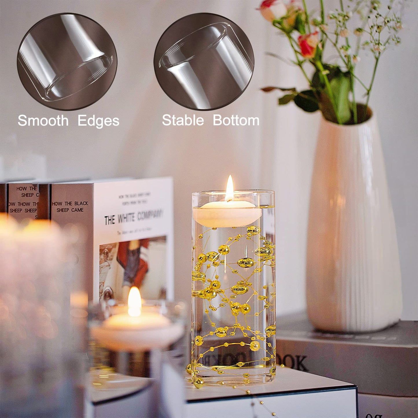 UDU 16 Set Glass Cylinder Vases for Centerpieces with 80000 Clear Beads 24 White Floating Candles 12 Pearl String Center Pieces Decoration for Table Table Wedding Party Home