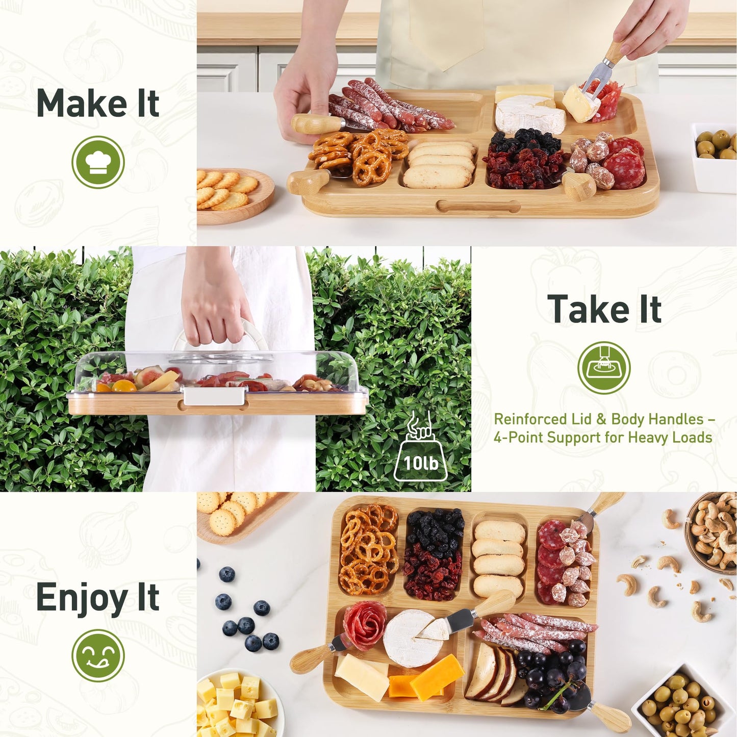 Charcuterie Board with Clear Lid, 2 Side Large Bamboo Cheese & Cutting Board for Kitchen, Includes 2 Plastic Cutting Mats & 4 Cheese Knives, Perfect for Snacks, Charcuterie Boards Gift Set