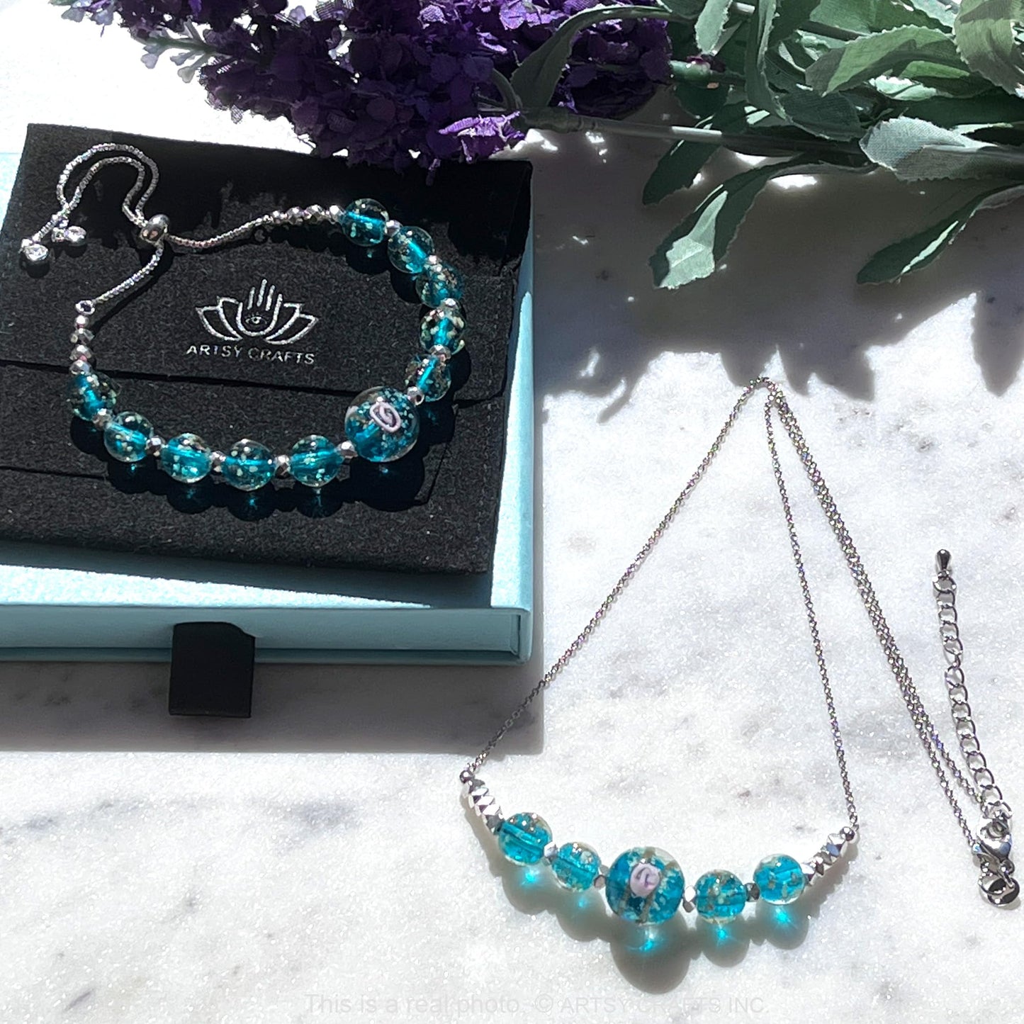 ARTSY CRAFTS INC Glow in The Dark Firefly Beads Bracelets Necklaces, Murano Glass Beads Crystal Birthstone Beaded Jewelry Adjustable Slider Chain (Bracelet-Teal)