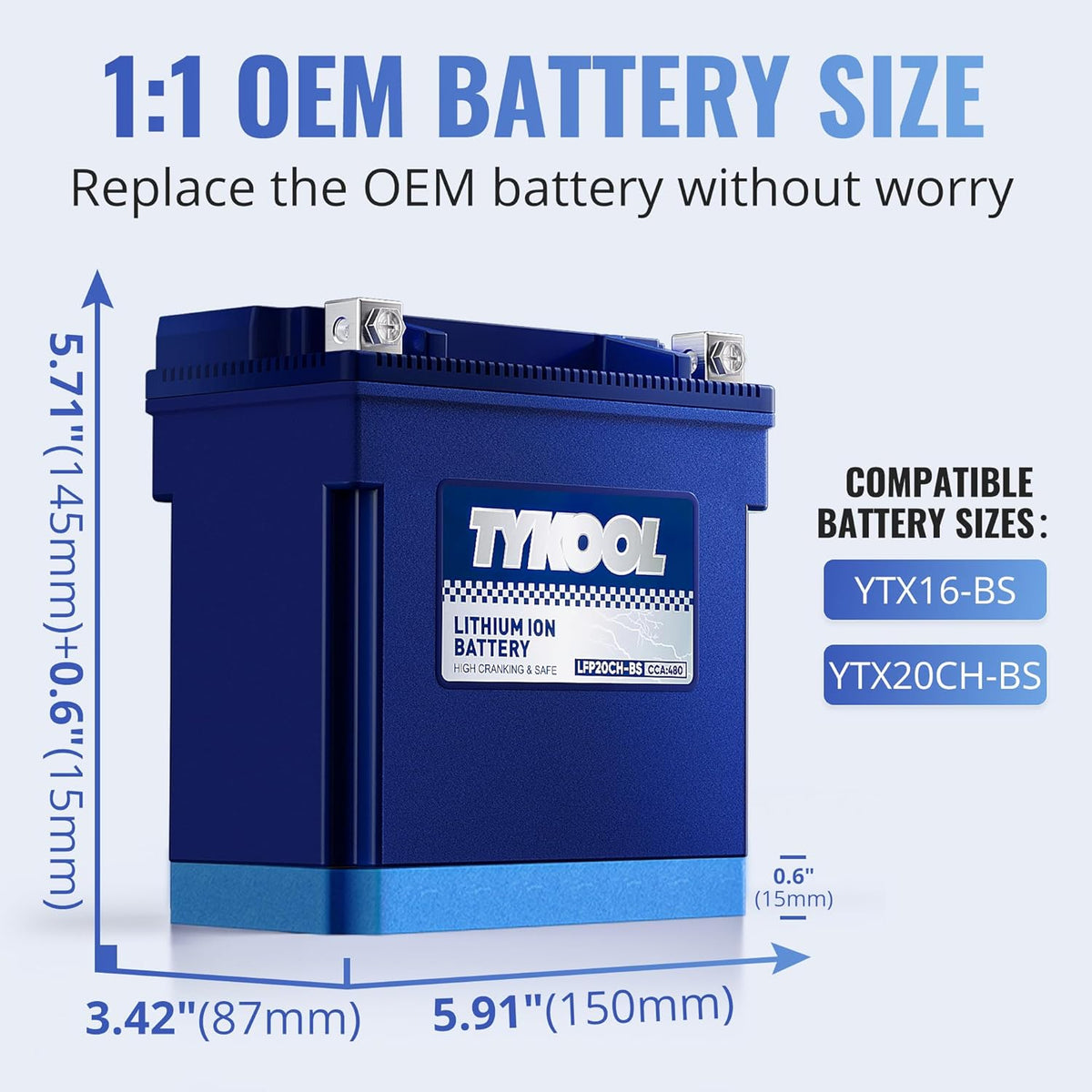 TYKOOL YTX20CH-BS Lithium LiFePO4 Motorcycle Battery, 12V 8Ah, 480CCA, Built in BMS, Powersports Battery,for ATV,UTV,Jet Skis, Snowmobiles, Scooters