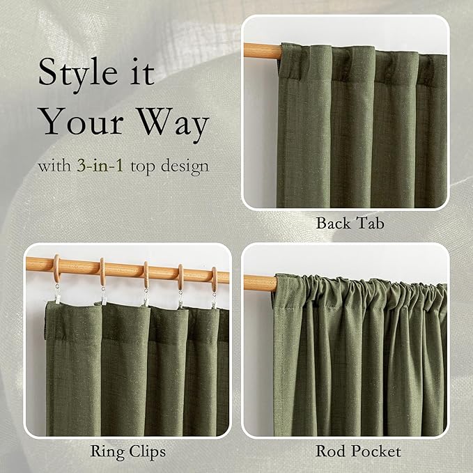 MYSKY HOME Living Room Curtains 90 Inches Long Farmhouse Light Filtering Privacy Curtain Drapes for Patio Door, Linen Look Texture Fabric Bohemian Draperies Soft Touch, 50x90, Olive Green, 2 Pieces