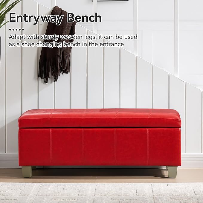 41" Faux Leather Storage Ottoman, Stitch Tufted Rectangle Upholstered End of Bed Storage Bench, Entryway Large Couch Ottoman with Wooden Legs,Red