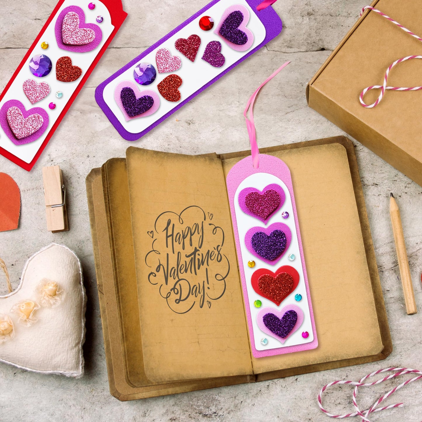 ArtCreativity 314 PCS Valentine’s Day Bookmark Craft Kit - Makes 24 Bookmarks - Valentine Crafts for Kids Classroom - Valentines Bookmark Craft Kit with Hearts, Glitter Stickers, Rhinestones, Ribbons
