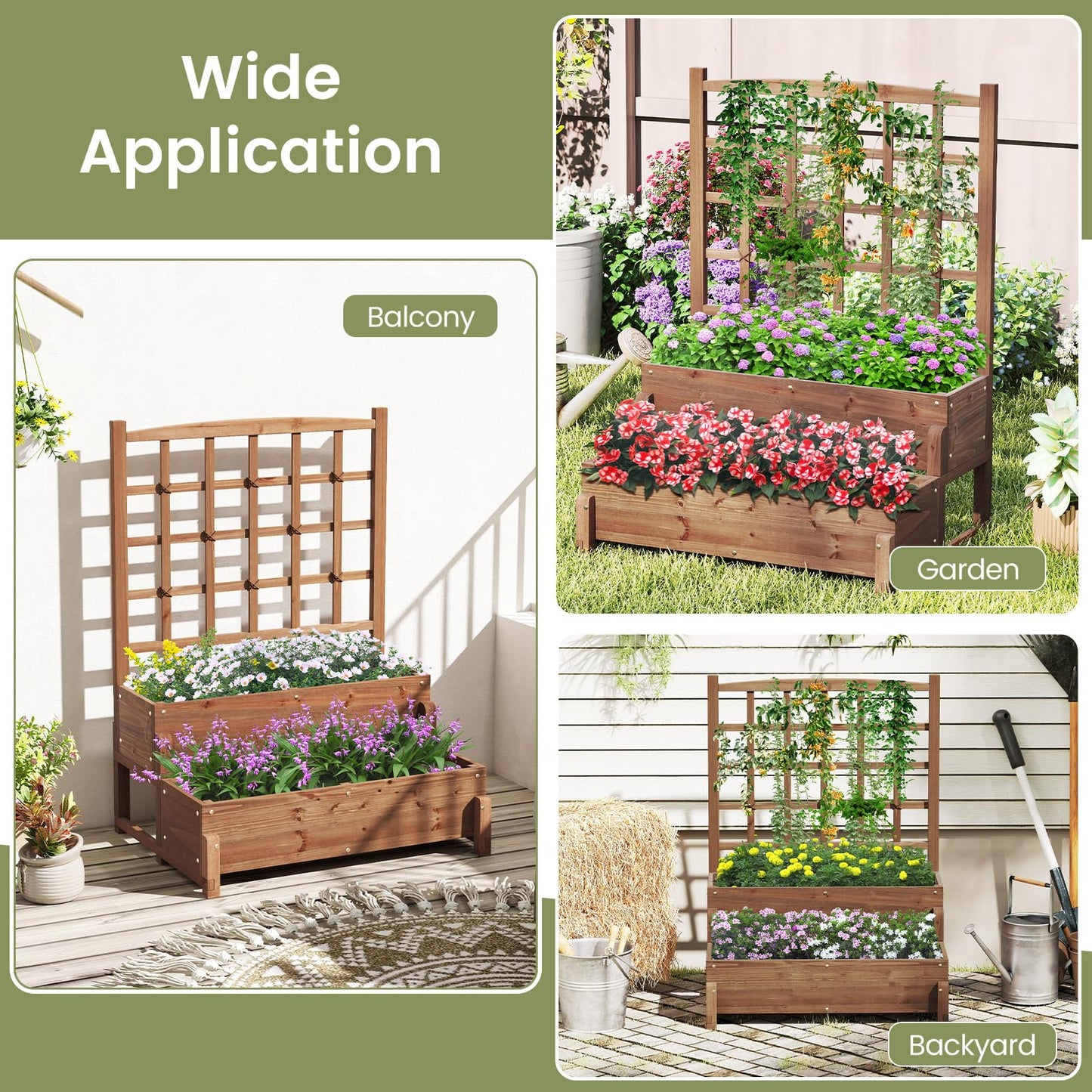 Toolsempire 2-Tier Raised Garden Bed with Trellis, Wooden Elevated Planter Box with Legs, Hemp Rope & Drainage Holes, Raised Plant Bed for Backyard, Garden, Lawn