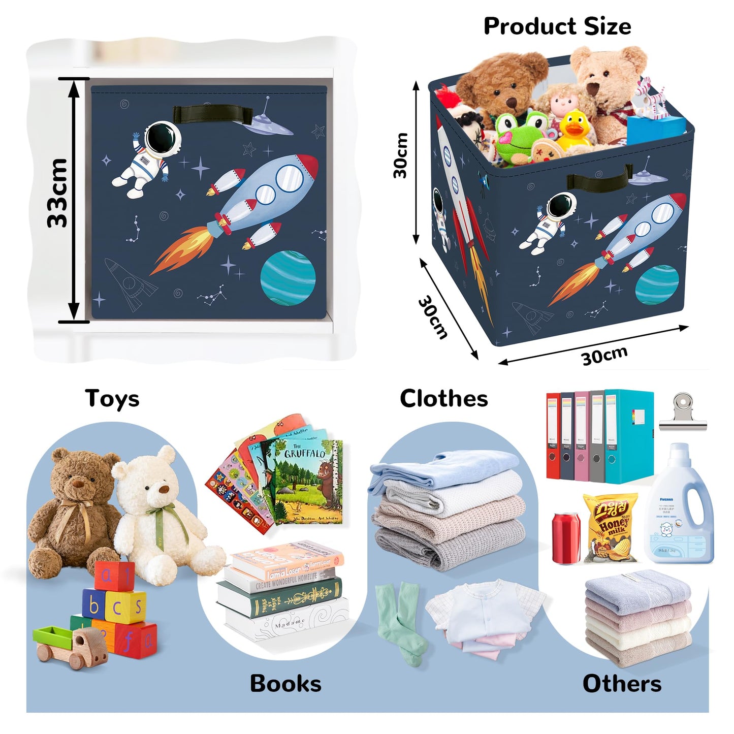 Clastyle 3 pcs Cosmic Space Cube Storage Unit Boxes Stars Kallax Box for Shelves Parents Storage Baskets for Book Clothes Toy Organizer, Rocket, 11.8x11.8x11.8 in