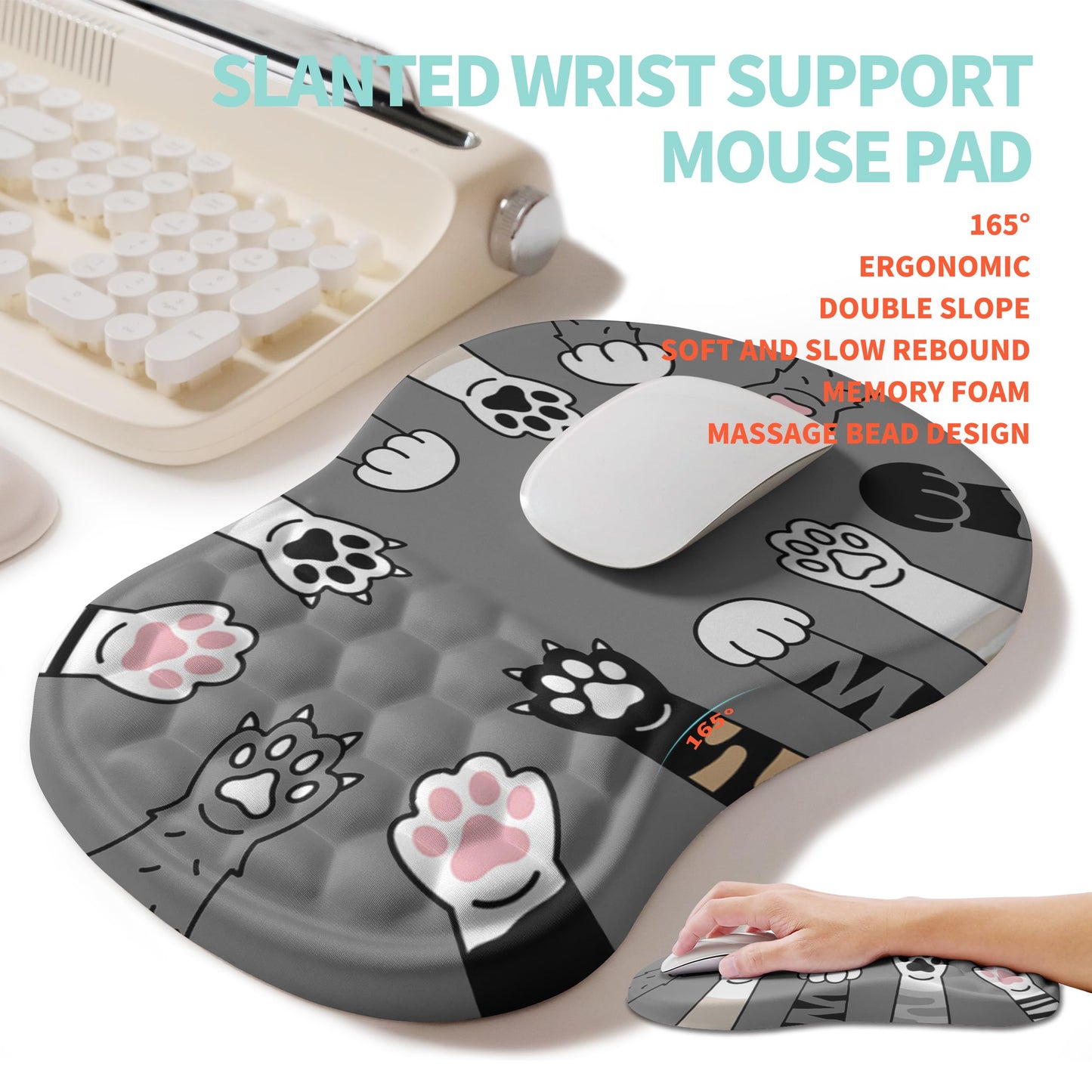 KUOSGM 2-in-1 Ergonomic Set, Wave Rise Keyboard Wrist Rest and Massage Bulge Slope Mouse Pad Wrist Support, Cushion Memory Foam Integrated to Relieve Wrist Pain, Cute Cat Paws