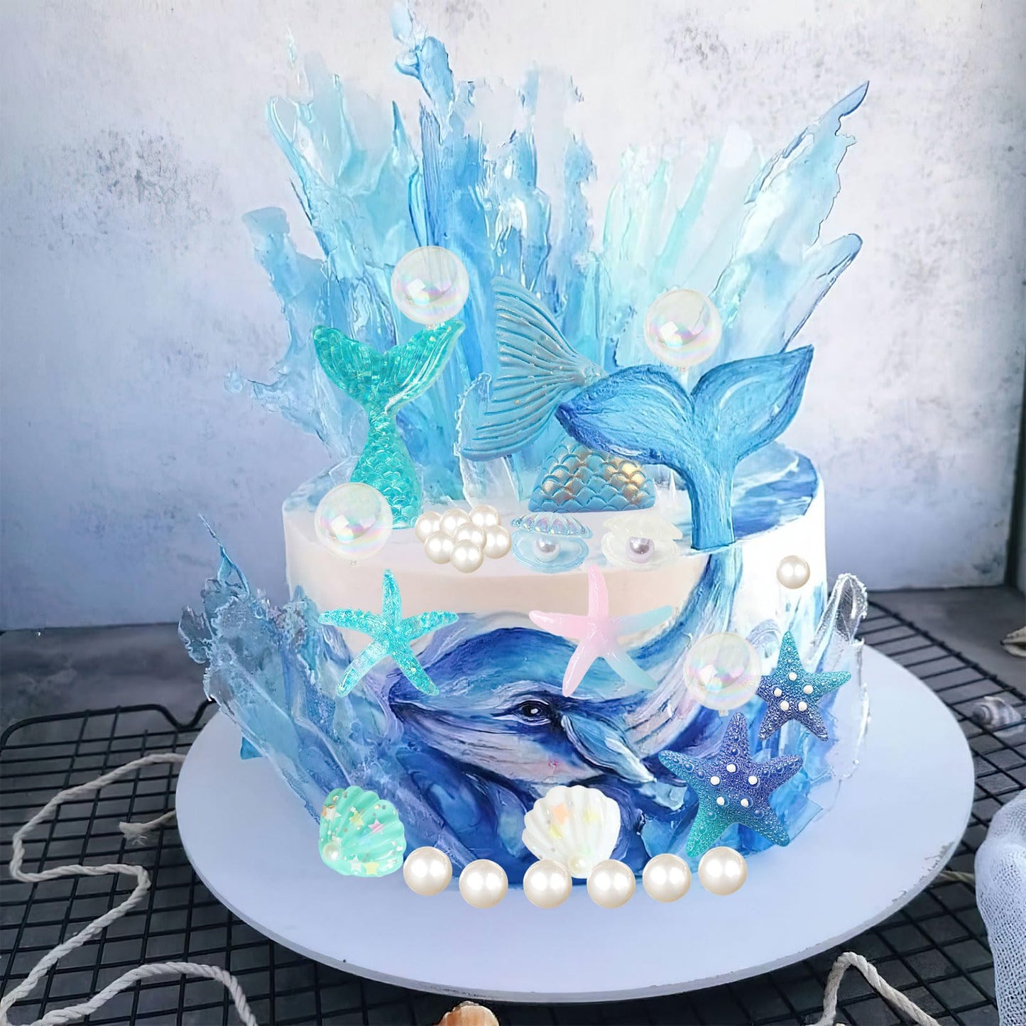 28pcs Sea Ocean Theme Birthday Cake Decoration Toppers Fishtail Starfish Shell Bubble Pearl Cupcake Decor for Under the Sea Theme Birthday Party Supplies