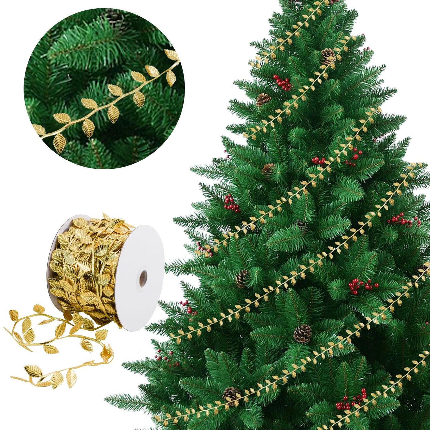 Bacucine Leaf Ribbon 32 Yards Gold Leaves Trim Artificial Leaves for Wreath Making Home Wedding Christmas Decor (Gold)
