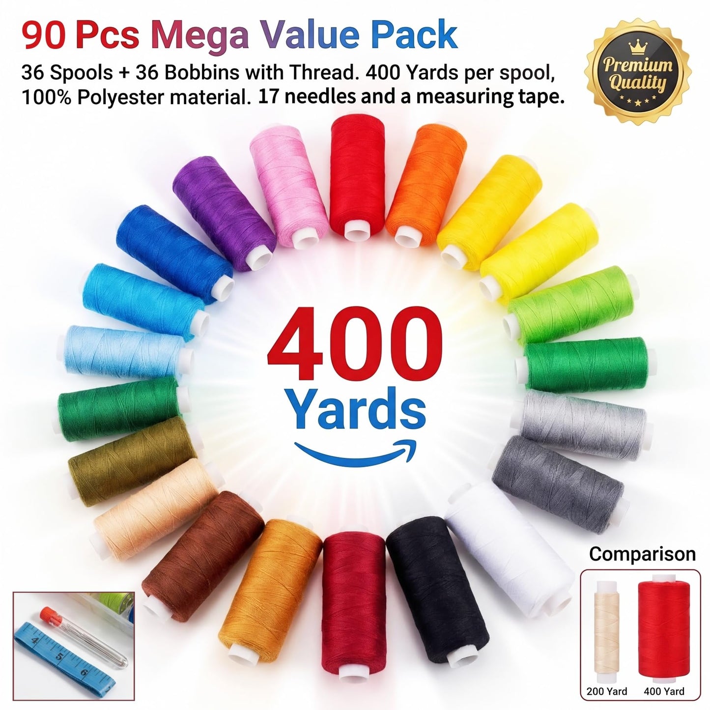VIZOSHI Sewing Thread Kit with Prewound Bobbins, 90PCS 36 Colors Polyester Thread Set, 400 Yards per Spool, for Sewing Machine & Hand Sewing, Quilting, Embroidery, Repairs, DIY Crafts