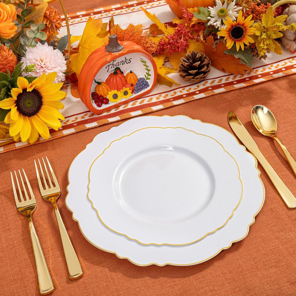 WDF 100pcs Gold Plastic Plates - High-end Baroque Design - Heavy Duty White &Gold Wedding Plates Set Ideal for Thanksgiving Weddings/Party/Bridal Shower