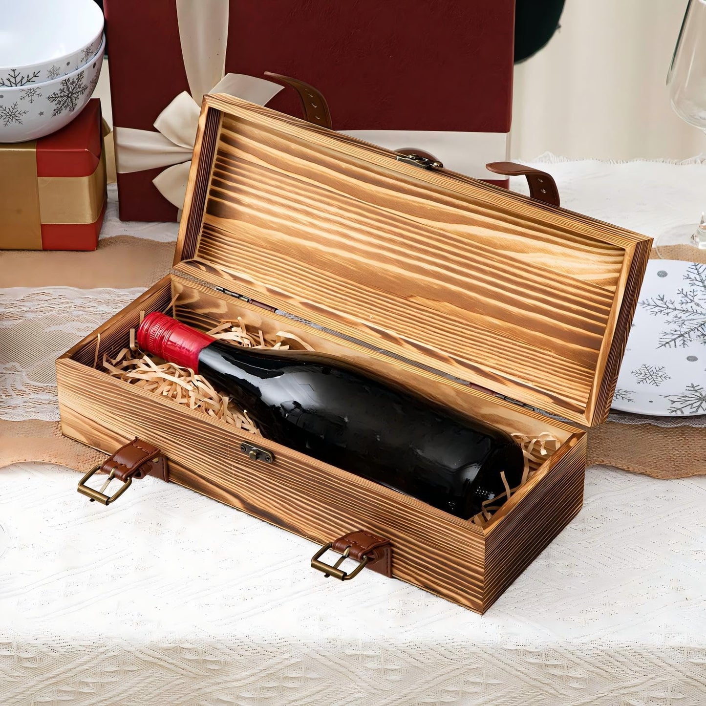 Briwooody 1 Pack Vintage Wooden Wine Gift Box - Rustic Wine Bottle Gift Case Single Bottle Holder with Leather Buckle Straps and Locking Latch for Birthday, Wedding, Anniversary, Housewarming