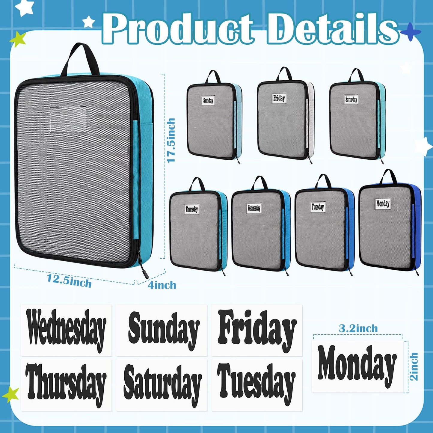 Bulyoou 7 Pcs Packing Cubes for Travel Days of Week Compression Packing Cube with Labels Organizers Luggage Storage Bag(Blue,Large)