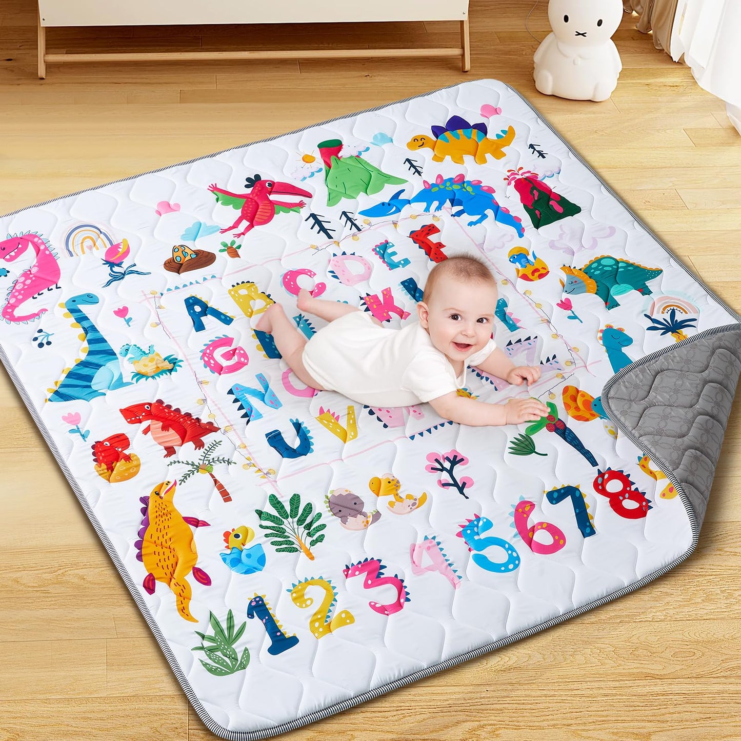 TreeBud Baby Play Mat - Thicken 50x50 Inch Soft Foam Crawling Mat for Playpen & Floor, Non-Slip Waterproof Playmats for Infants & Toddlers, Portable Foldable & Machine Washable, Dinosaur & Letters
