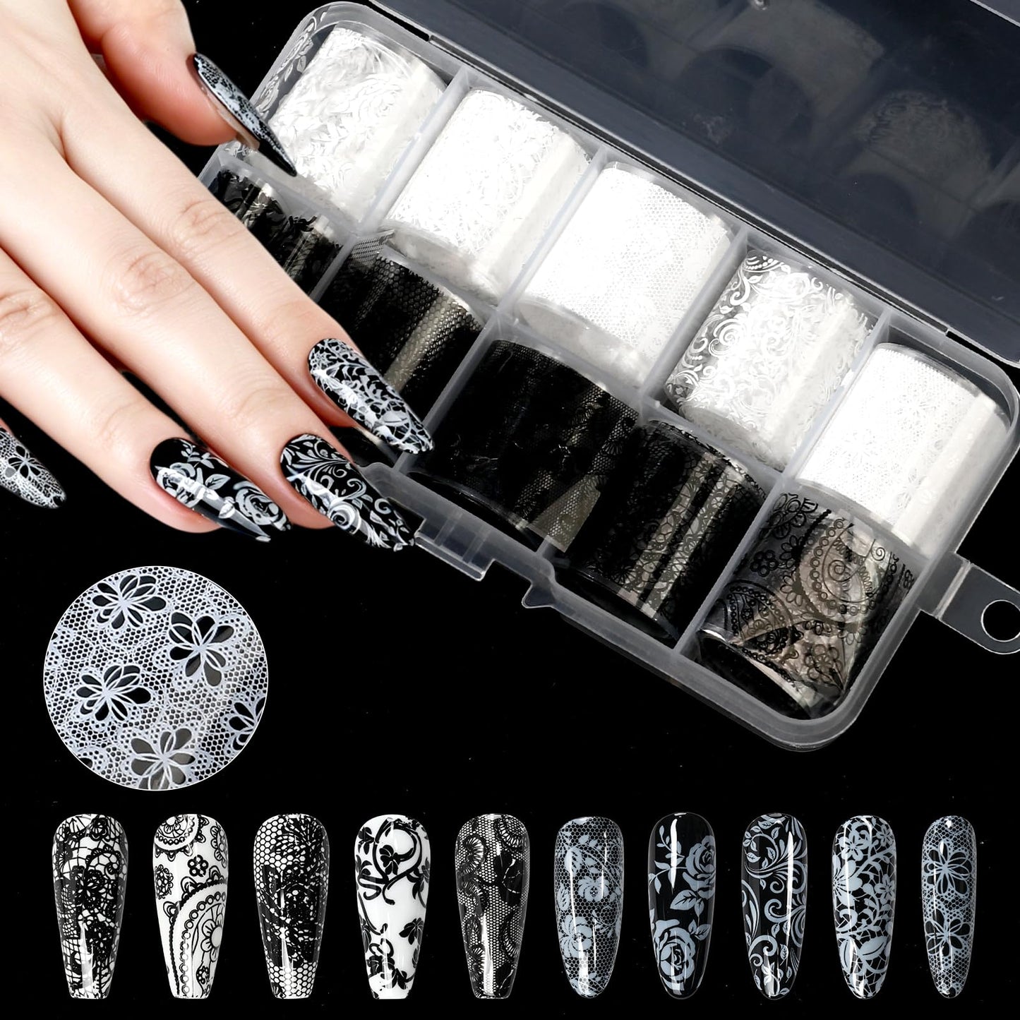 heemeei Nail Foil Transfer Sheets, 20 Rolls Nail Foils Transfer Nail Art(Black White Floral Lace Nail Foil & Spring Flowers Nails Foils Transfer Decals), Transfer Foil for Nails Manicure Decorations