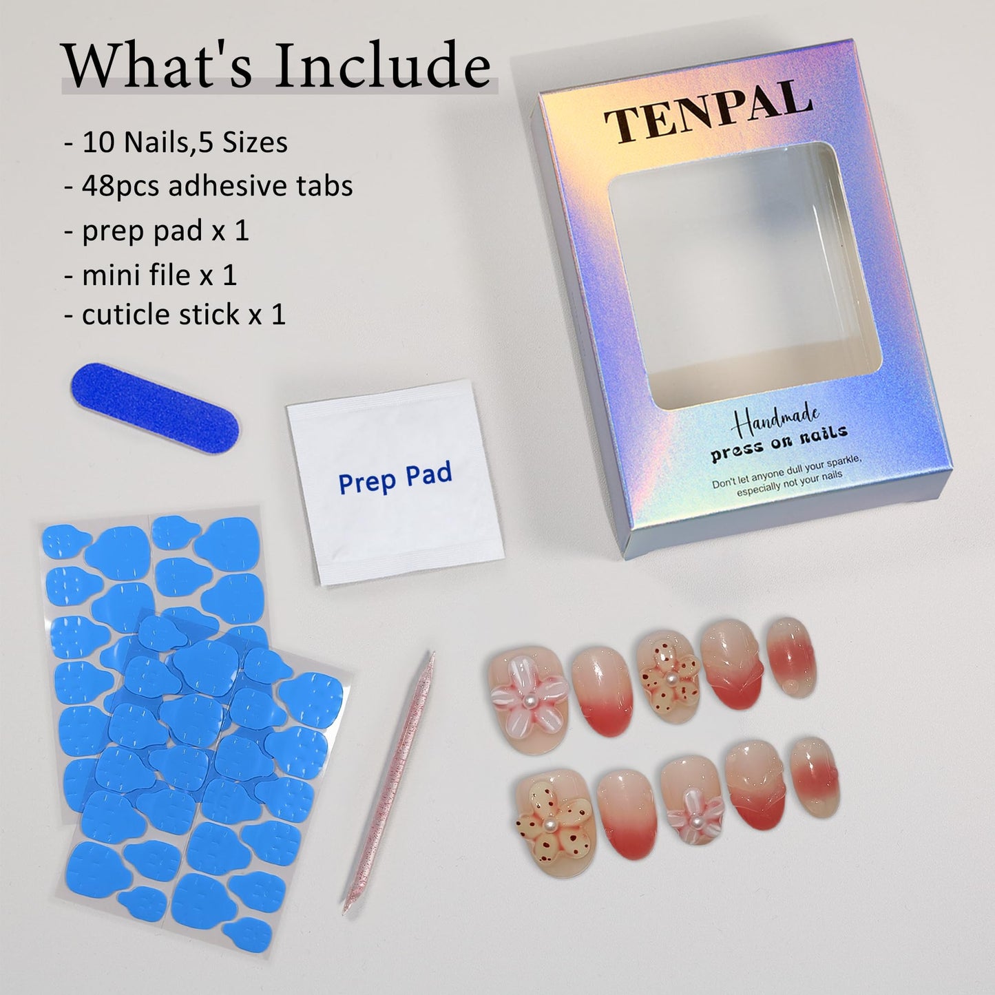 TENPAL Handmade Press On Nails Short Oval 10Pcs with Tools Kit, Coral Blush Gradient Pink Glue on Nails with Hand-Sculpted Flowers, Reusable Glossy Summer Beach Vacation Fake Nails for Teens Girls(L)