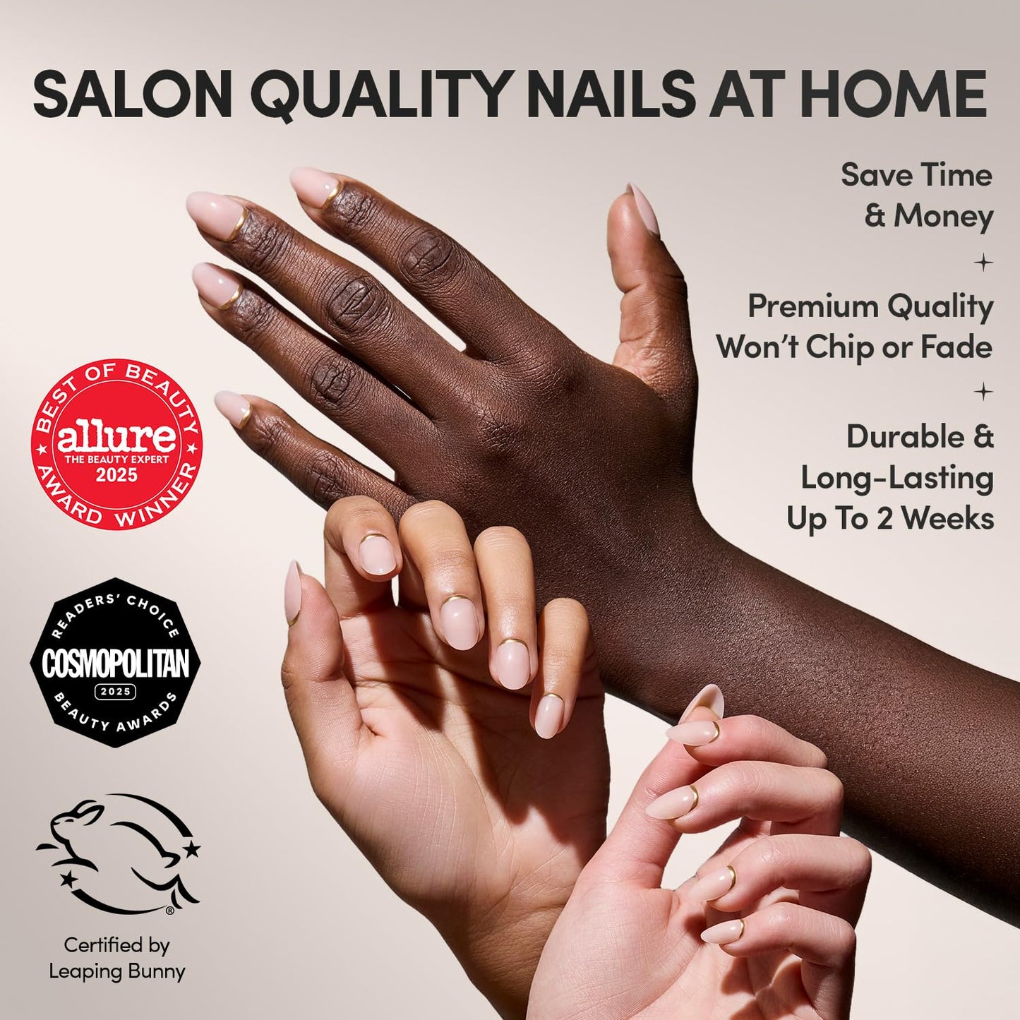 Glamnetic Press On Nails - Glam Goals | Short Oval Neutral Fake Nails with Gold Reverse French Tip, Salon Quality Nude Nails | 15 Sizes - 30 Nail Kit with Glue