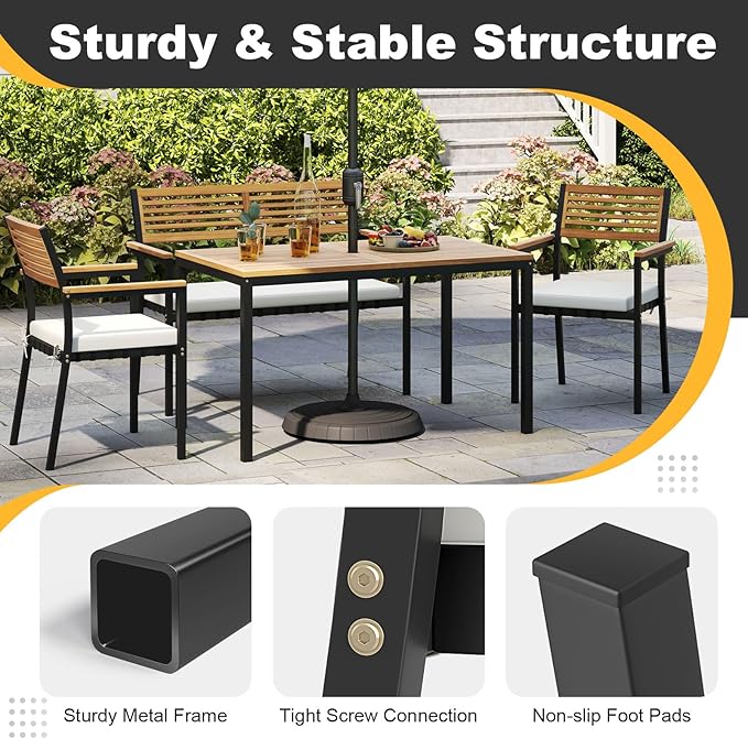 Tangkula 4 Piece Patio Dining Furniture Set, Outdoor Dining Chair Set for 4 w/Acacia Wood & Metal Frame, Umbrella Hole, 1 Table, 2 Armchairs, 1 Bench for Lawn, Garden, Backyard, Porch