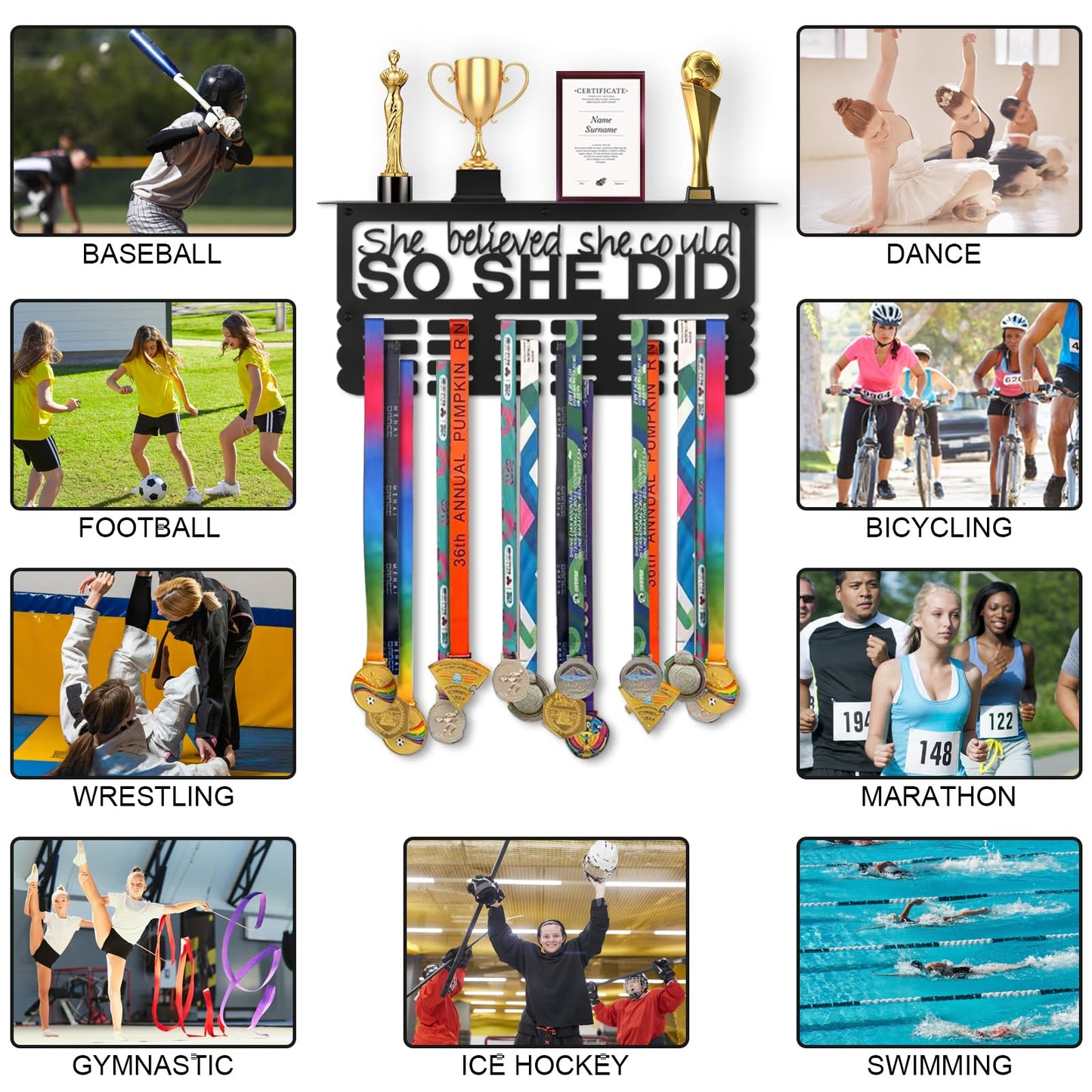 Takytao Medal Hanger Display with Trophy Shelf, Upgraded Sports Medal Holder Trophy Display Shelf Ribbon Holder Simple Wall Hanger (SHE BELIEVED SHE COULD SO SHE DID)