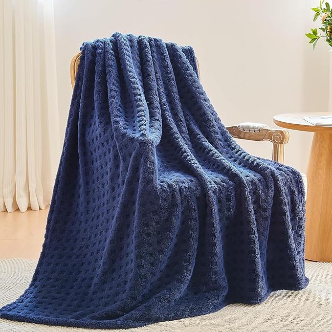 NEWCOSPLAY Super Soft Throw Blanket Navy Premium Silky Flannel Fleece 3D Waffle Checkered Lightweight Bed Blanket All Season Use (Dark Navy, Throw(50"x70"))