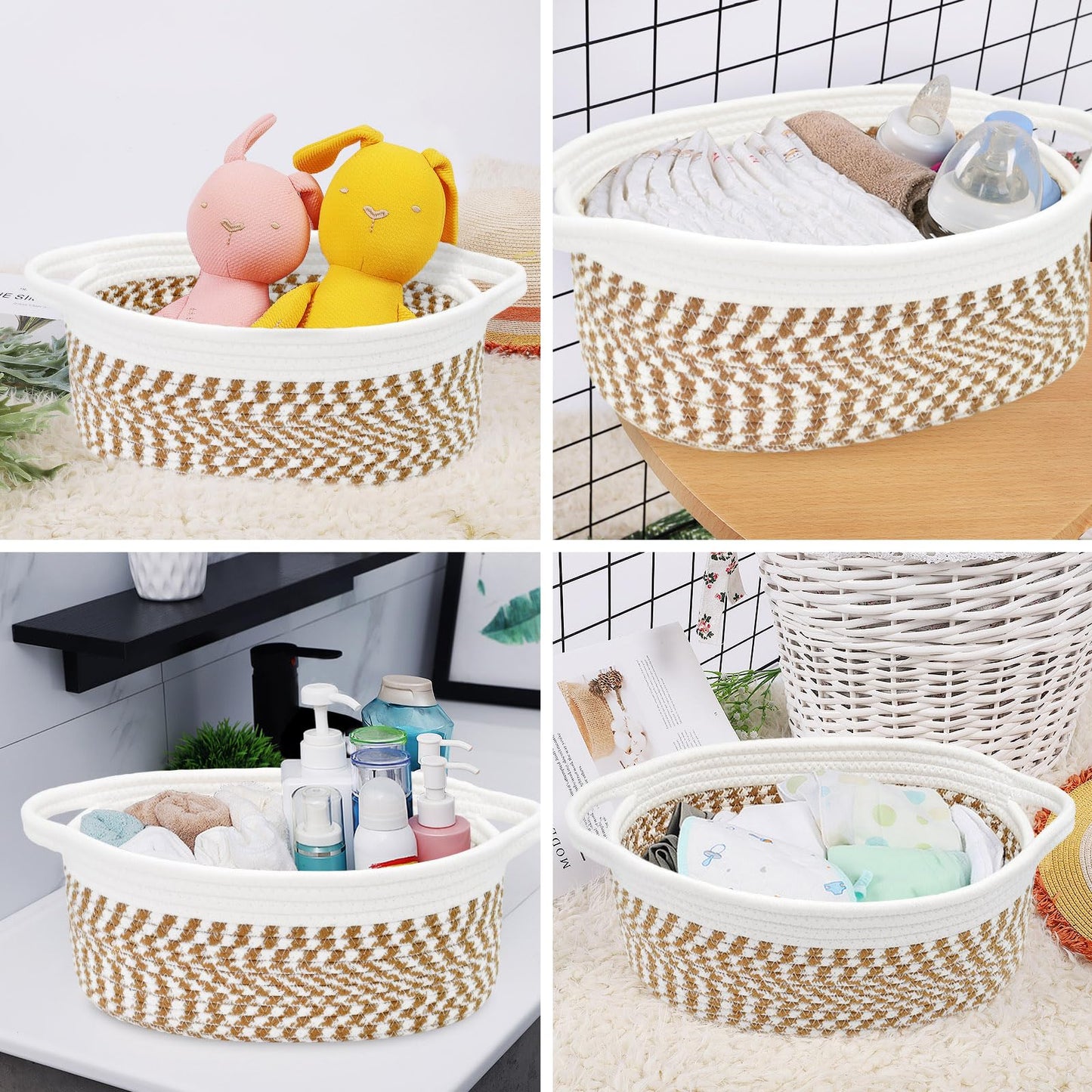 ABenkle Small Basket, 12"x 8" x 5" Cute Small Woven Basket, Rope Room Shelf Storage Basket, Cat Dog Toys Basket Chest Box, Decorative Empty Gift Basket with Handles