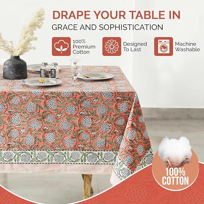 Labhanshi Indian Handblock Print Pre-Washed Cotton Floral 60x90 Inch Rectangle 6-Seater Tablecloth|Rustic Farmhouse Decorative Party Event Wedding Spring Easter Festive Holiday Decor|Dark Salmon Pink