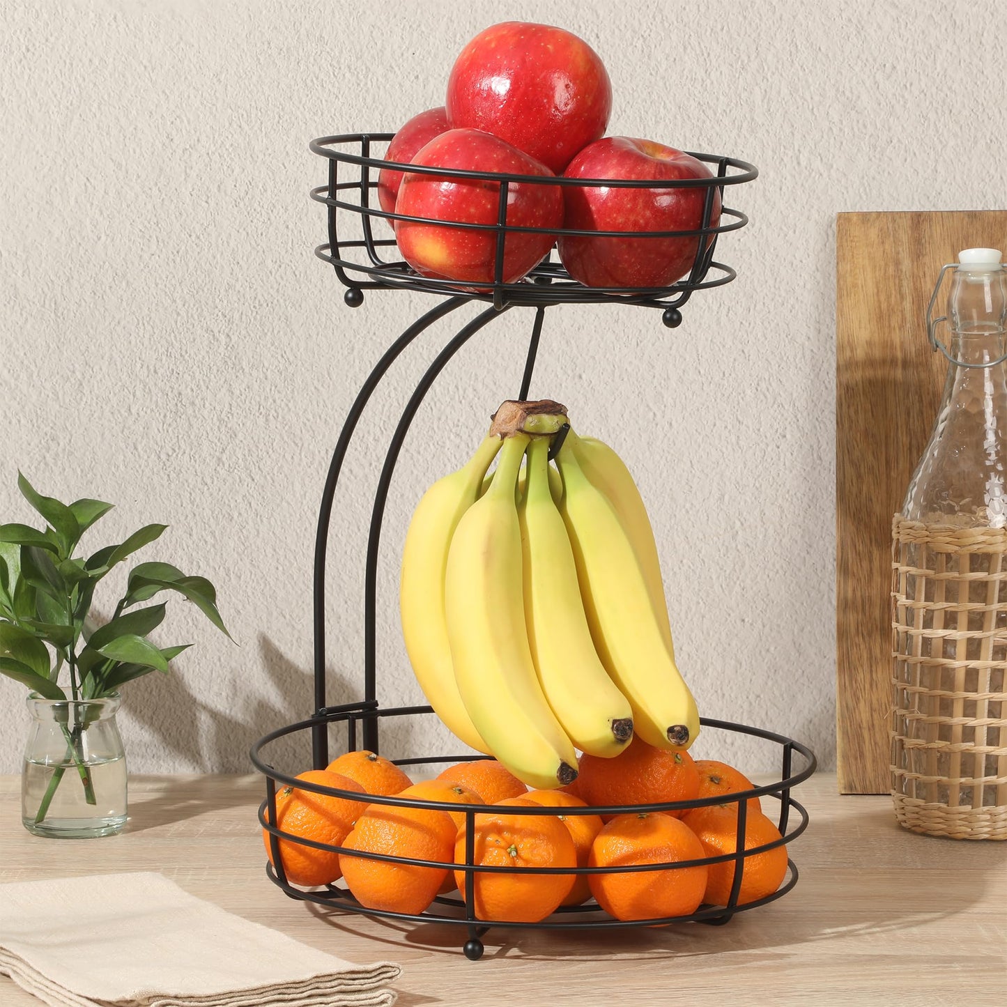 Gibson Home Harvest Season Two-Tier Fruit Basket with Banana Hanger – Black Metal Countertop Produce Stand – Kitchen Storage Organizer for Apples, Oranges, Bananas – Durable Iron Wire Frame