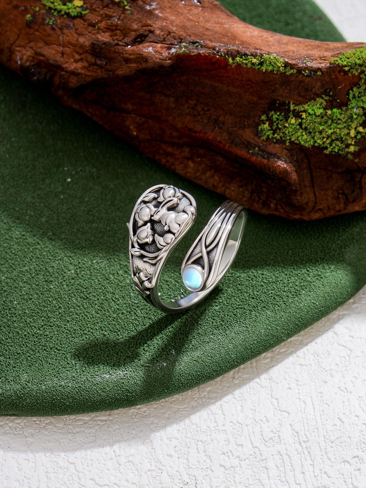 Midari Easter Bunny Spoon Rings for Women 925 Sterling Silver Cute Bunny Adjustable Rabbit Moonstone Rings Abalone Open Spoon Thumb Rings Bunny Jewelry for Women Men Birthday Easter Gifts