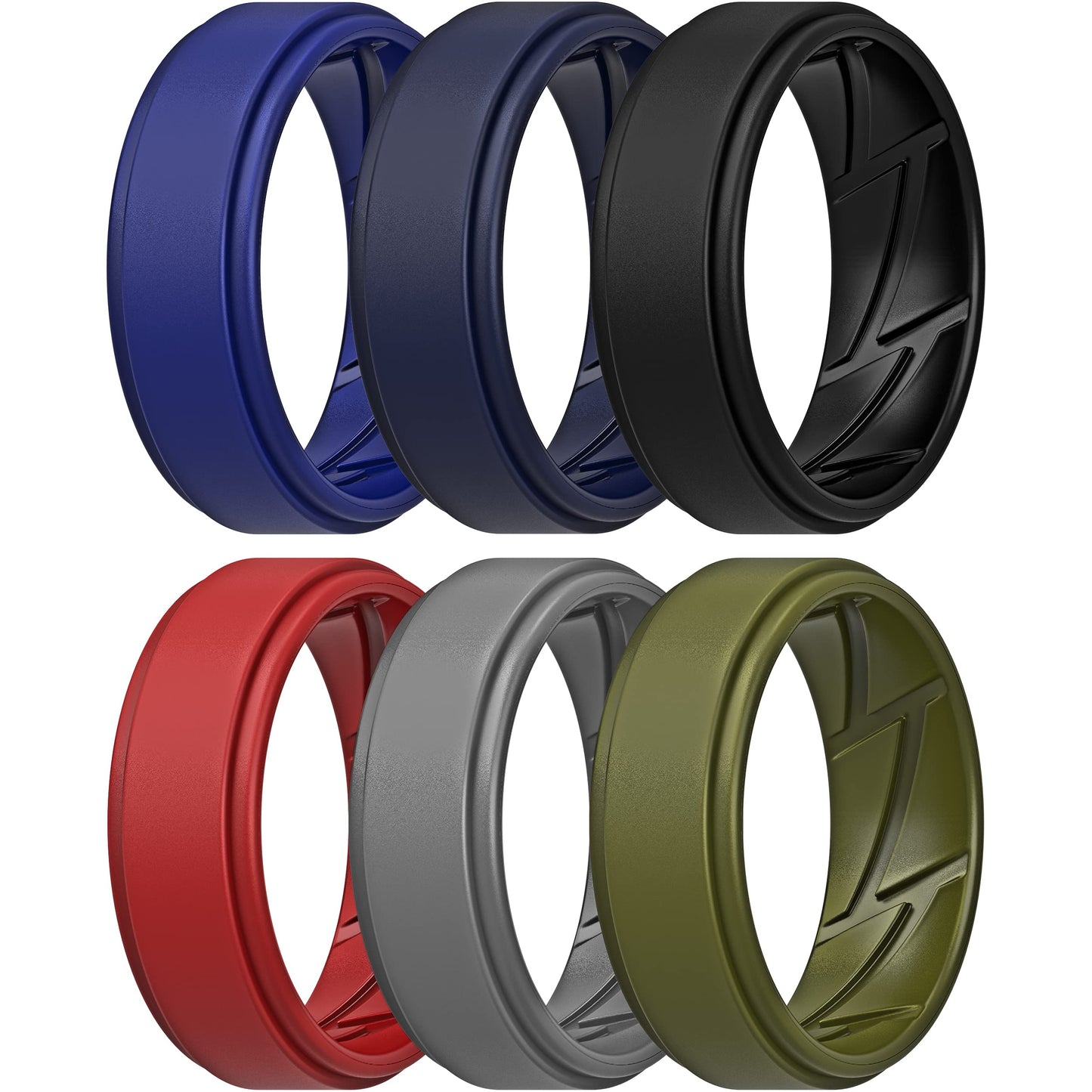 ThunderFit Silicone Wedding Rings for Men Breathable Airflow Inner Grooves, Step Edge Sleek Design Rubber Engagement Bands 8mm Wide 2mm Thick, Variety Multipack 1-7
