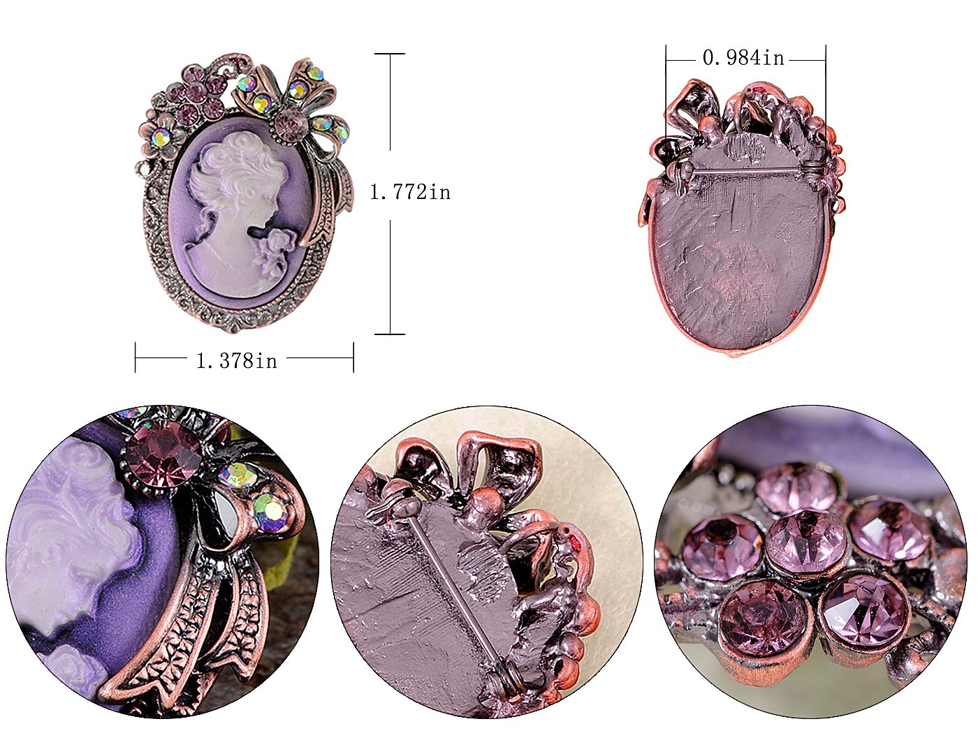 Alilang Vintage Inspired Rhinestone Victorian Lady Cameo Brooch Pin Flower Ribbon Bow Pendant Lavender Purple