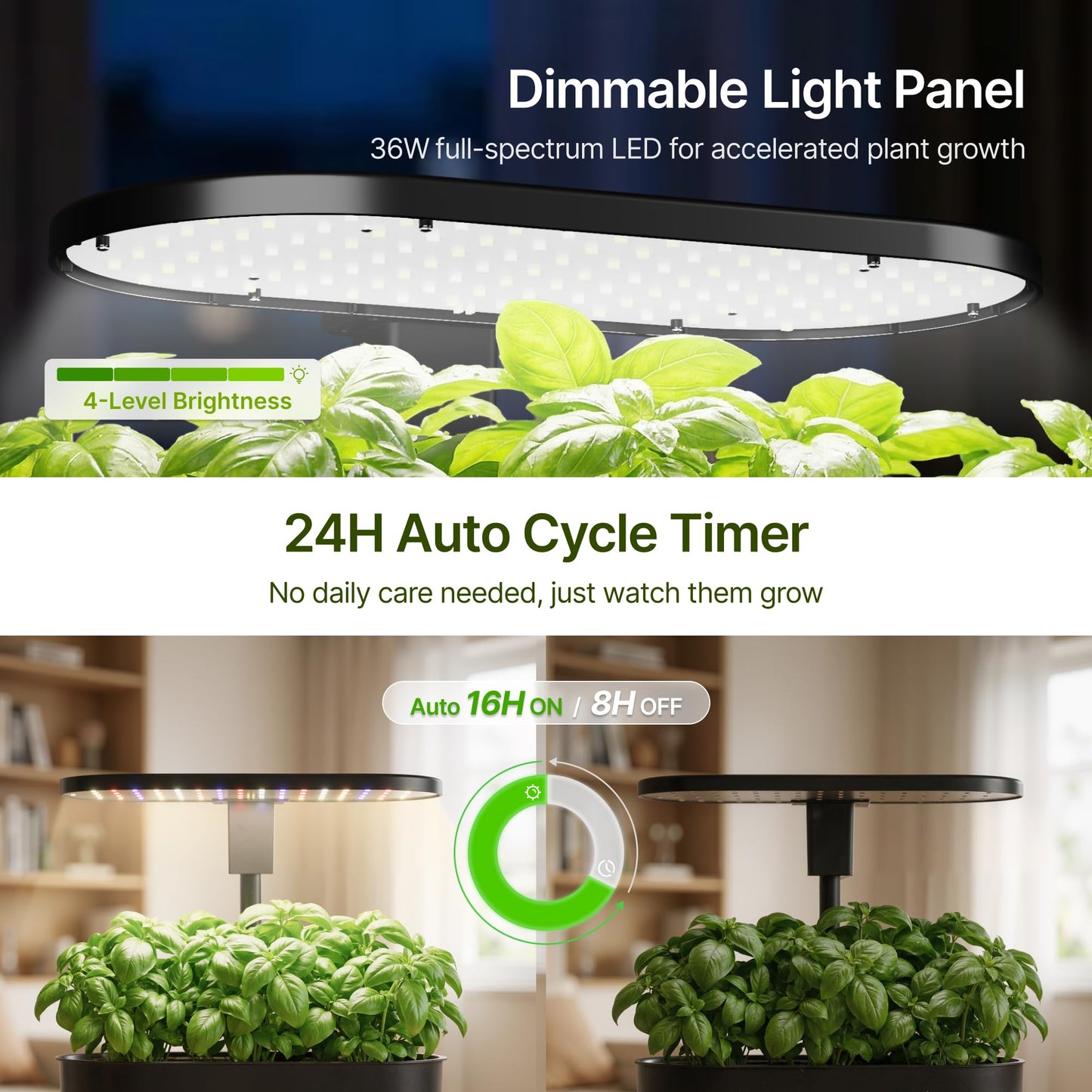 SUNCOZE Hydroponics Growing System Kit with Split Tank, Dimmable 36W Full Spectrum LED Grow Light, 12 Pods Indoor Herb Garden with Timer & Clock Smart Pane, 21.65 Inch Height Adjustable Herb Garden