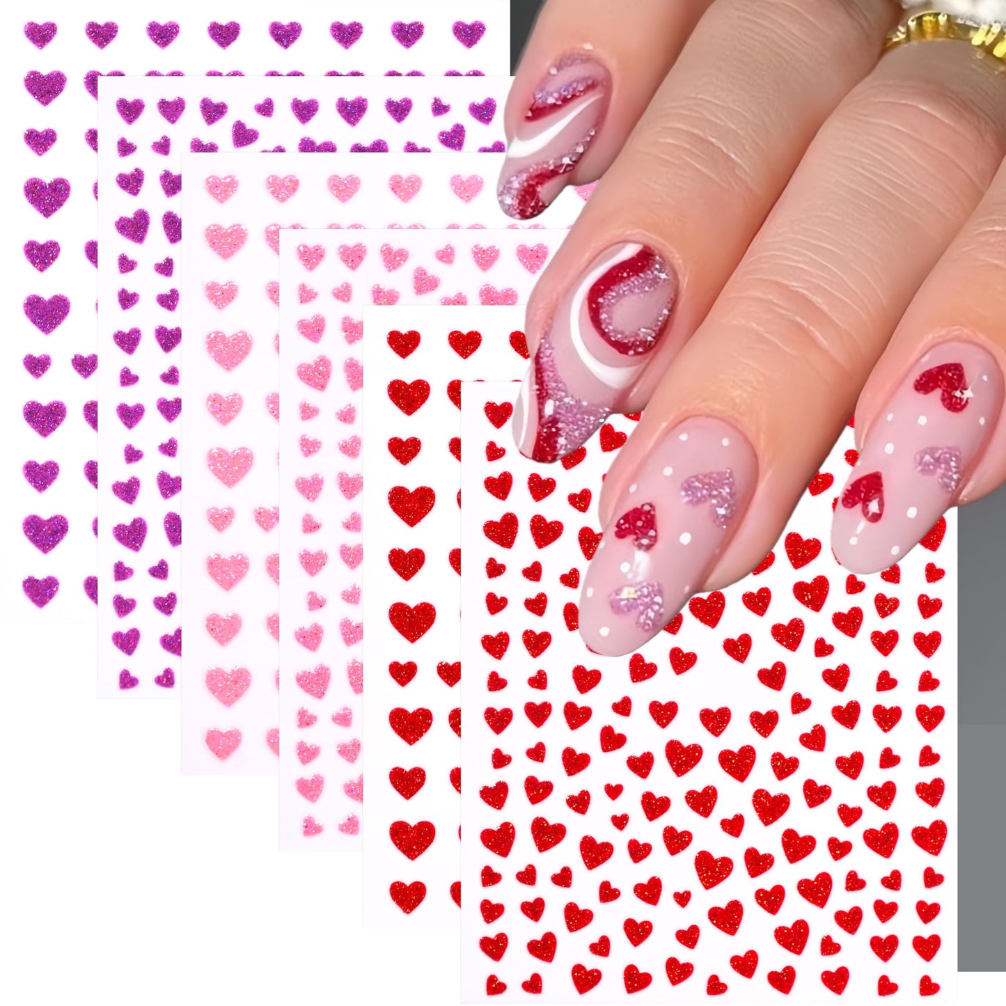 10Pcs Heart Nail Art Stickers Decals 3D Shiny Glitter Love Hearts Self Adhesive Shining Glitters Powder Effect Valentines Heart Nail Design for Lovers Romantic DIY Nail Decoration Manicure Accessories
